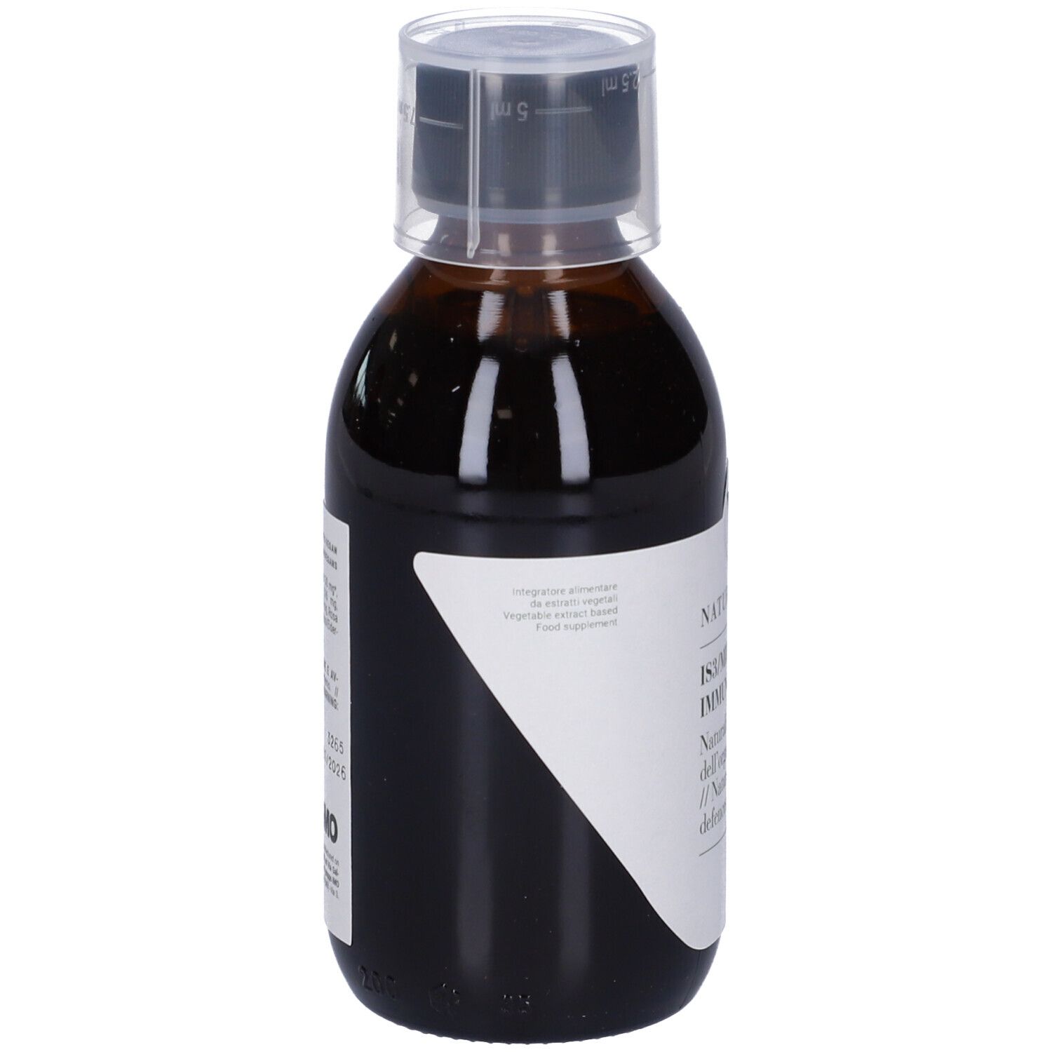 Liquido marrone in bottiglia con etichetta. L'etichetta indica: Naturalsalus IS3/Mirabilus Immuno Plus. Con tappo dosatore.