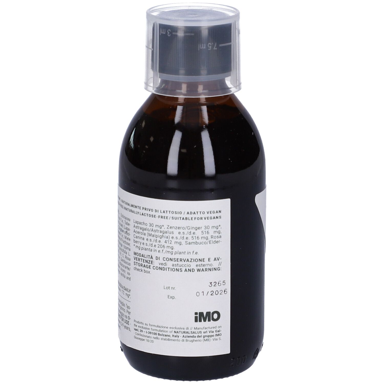 Liquido marrone in bottiglia con etichetta. L'etichetta indica: Naturalsalus IS3/Mirabilus Immuno Plus. Con tappo dosatore.