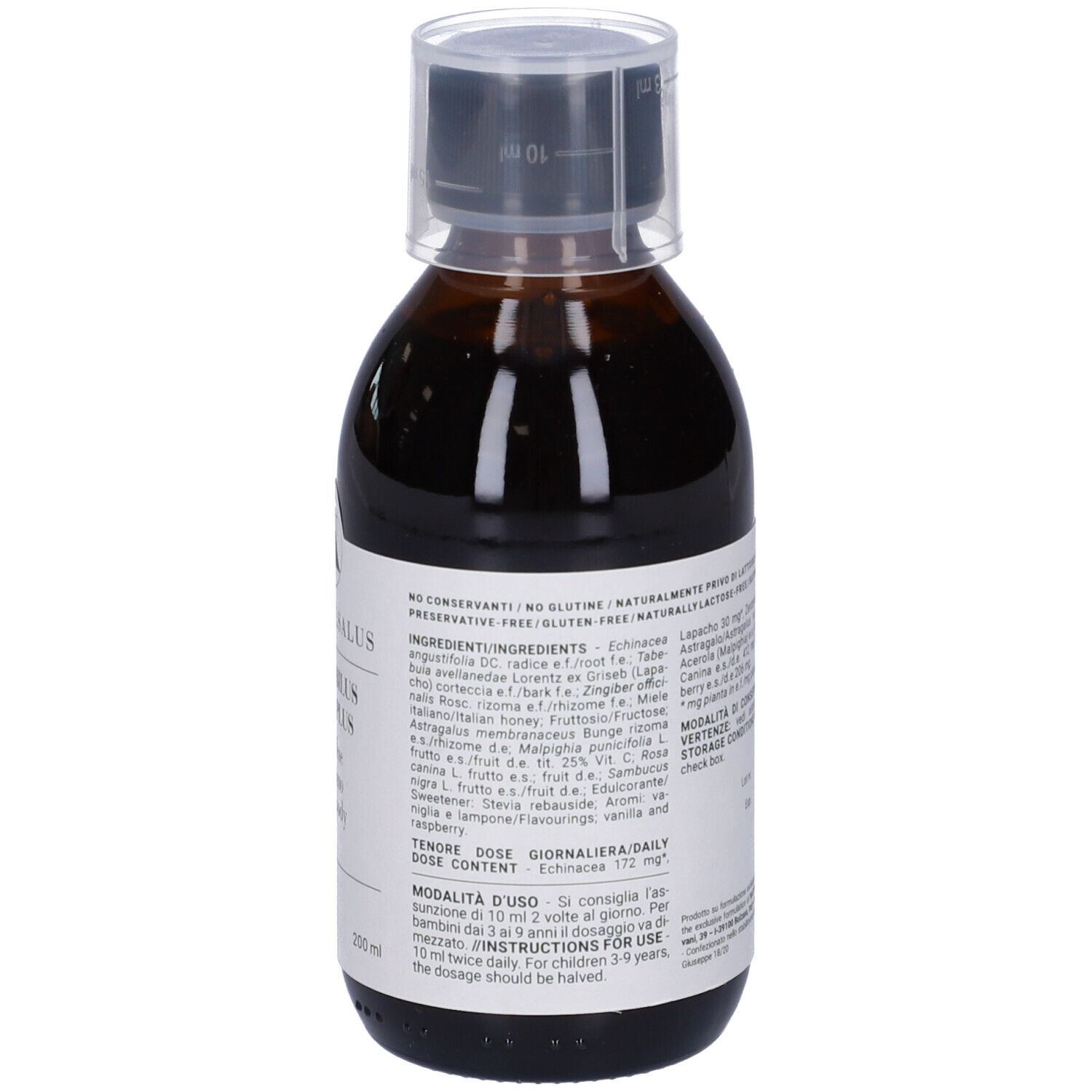 Liquido marrone in bottiglia con etichetta. L'etichetta indica: Naturalsalus IS3/Mirabilus Immuno Plus. Con tappo dosatore.
