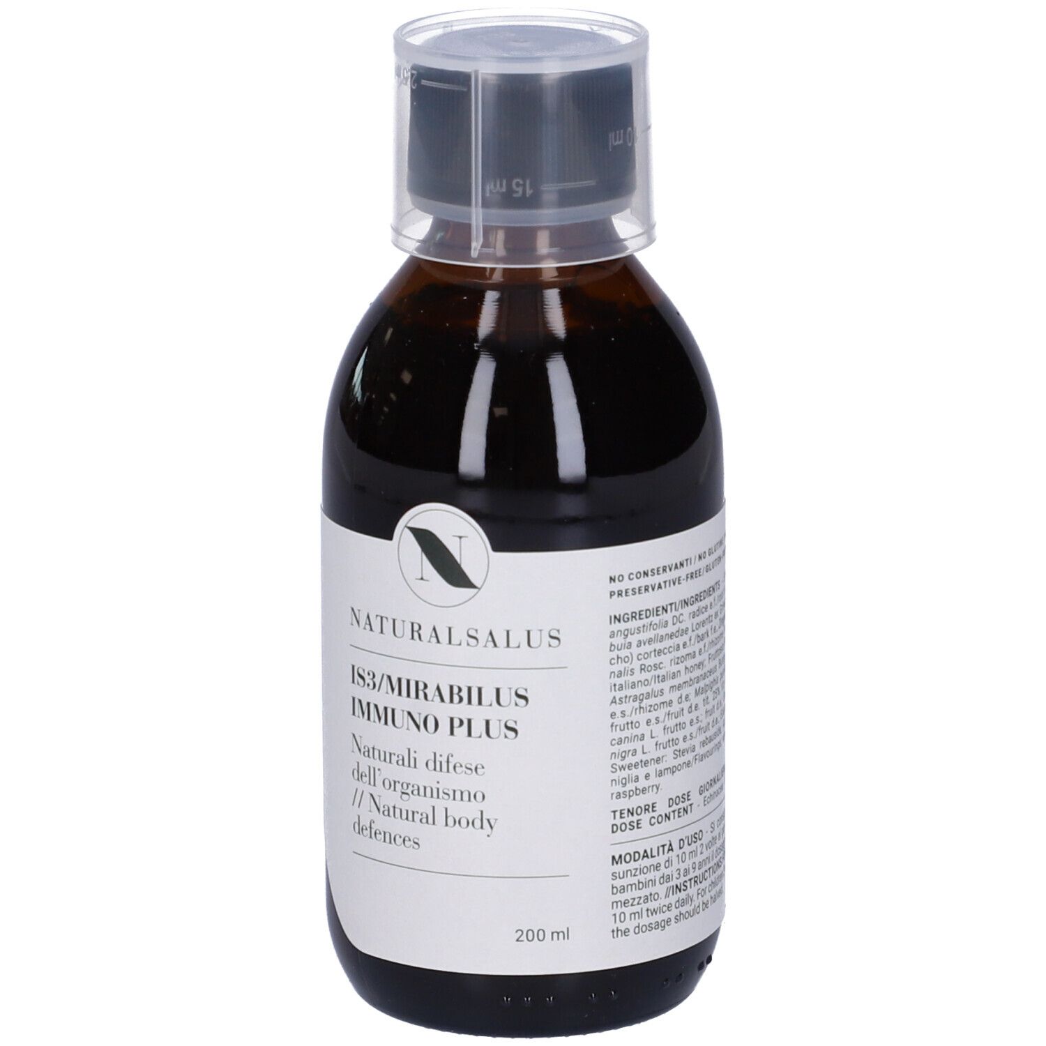 Liquido marrone in bottiglia con etichetta. L'etichetta indica: Naturalsalus IS3/Mirabilus Immuno Plus. Con tappo dosatore.