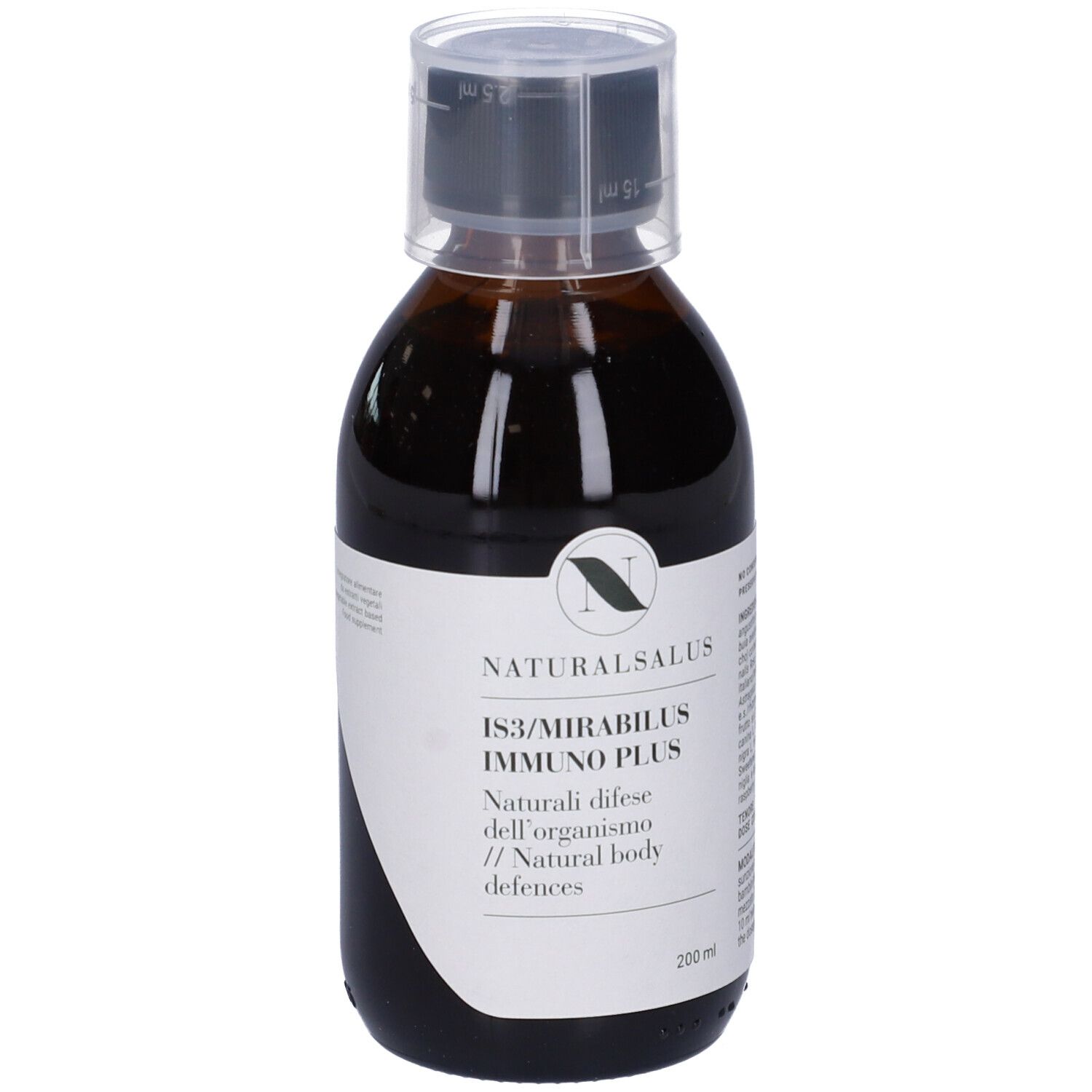 Liquido marrone in bottiglia con etichetta. L'etichetta indica: Naturalsalus IS3/Mirabilus Immuno Plus. Con tappo dosatore.