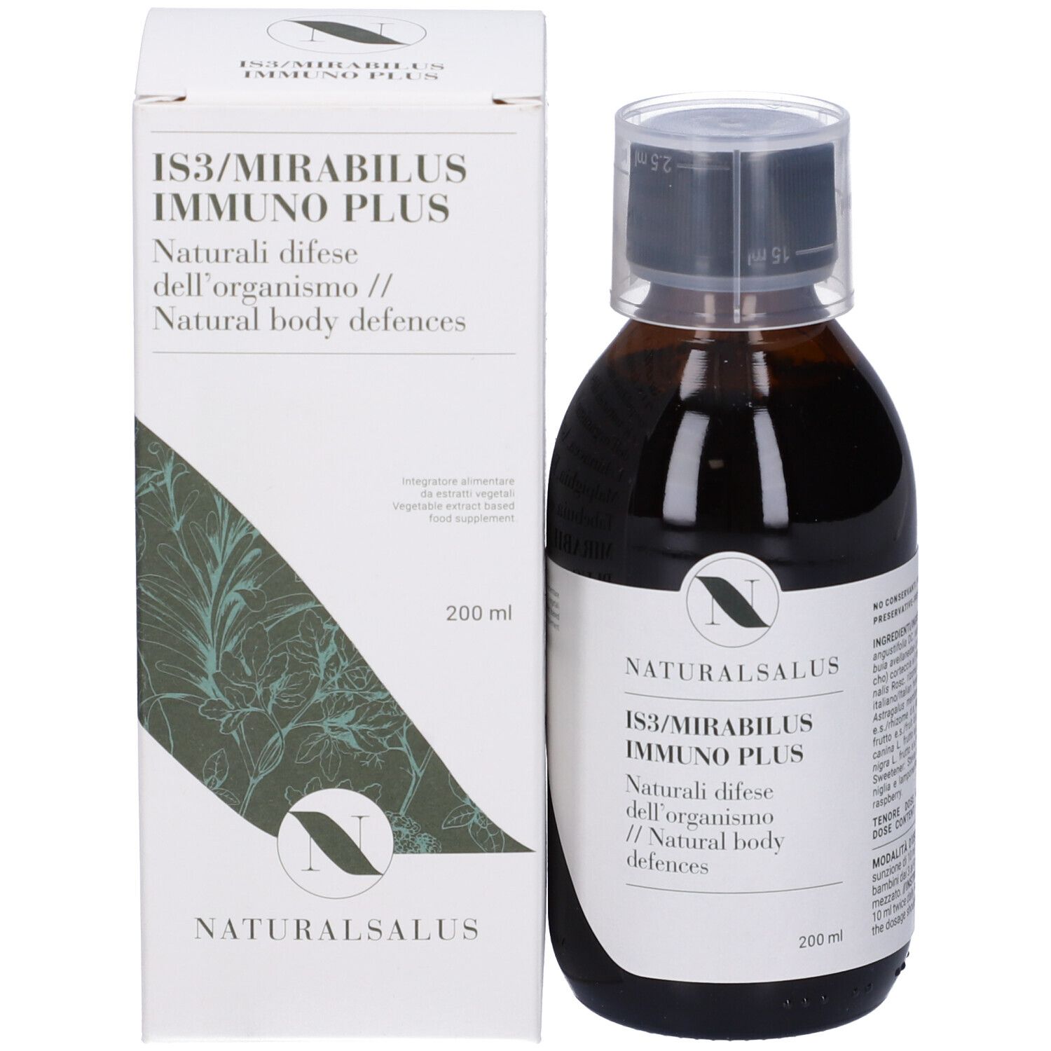 Bottiglia di liquido marrone e confezione. Sulla bottiglia e sulla confezione: Naturalsalus IS3/Mirabilus Immuno Plus.