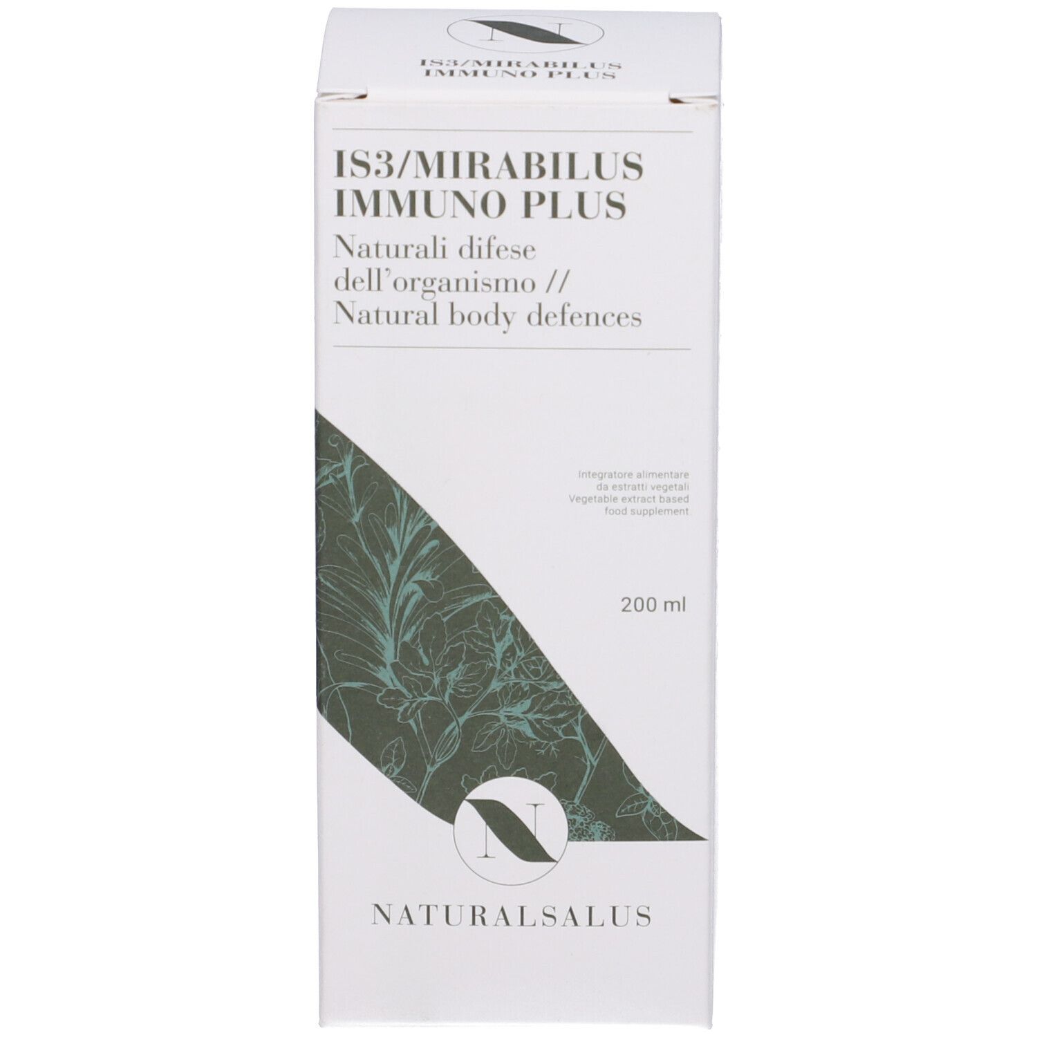 Confezione con nome del prodotto: Naturalsalus IS3/Mirabilus Immuno Plus. Con motivo floreale e informazioni.