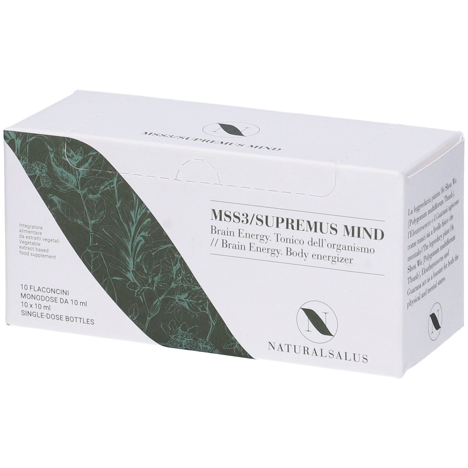 Scatola bianca MSS3/SUPREMUS MIND. Logo Naturalsalus. 10 flaconcini da 10 ml.