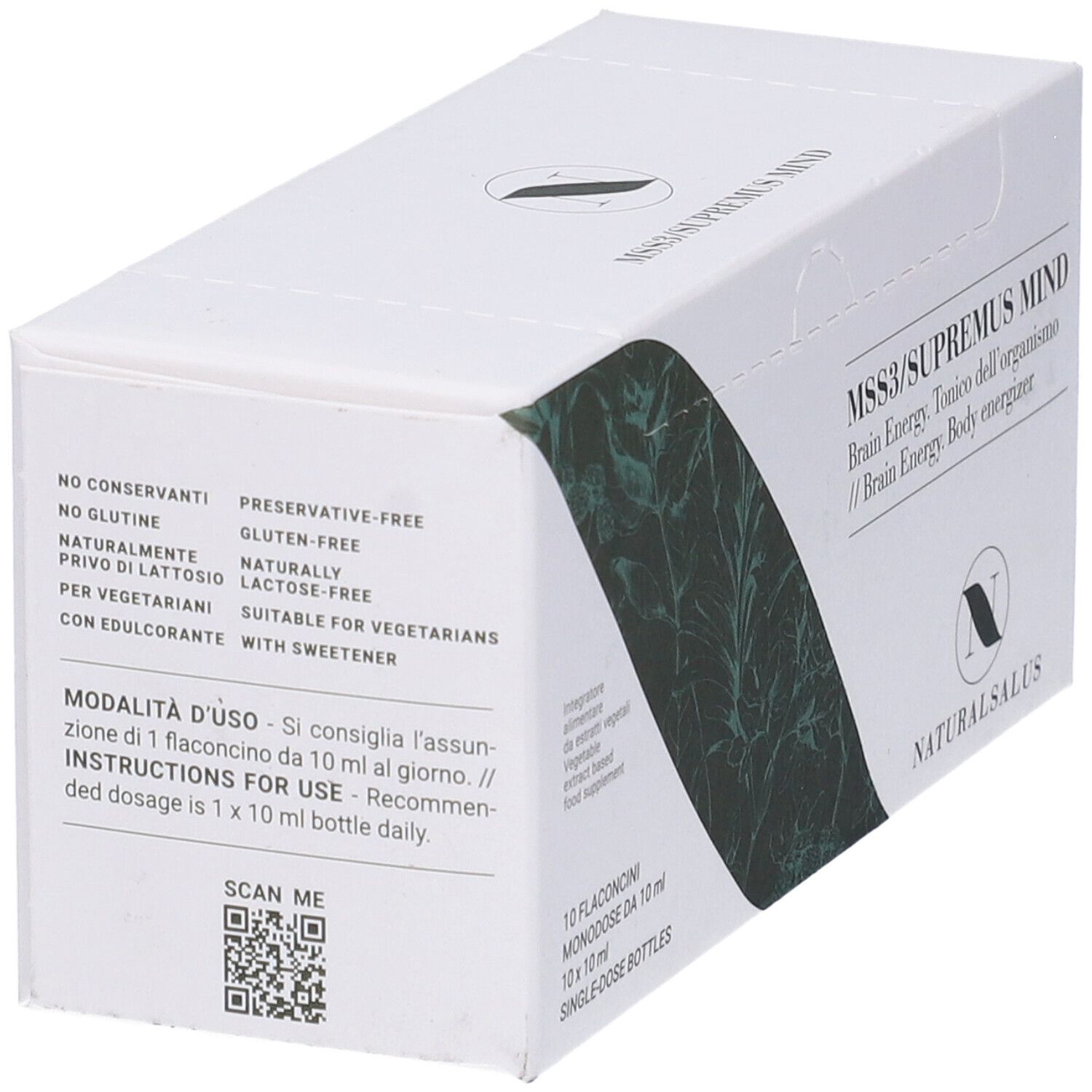 Scatola bianca MSS3/SUPREMUS MIND. Logo Naturalsalus. Senza glutine, senza lattosio, per vegetariani. QR code.