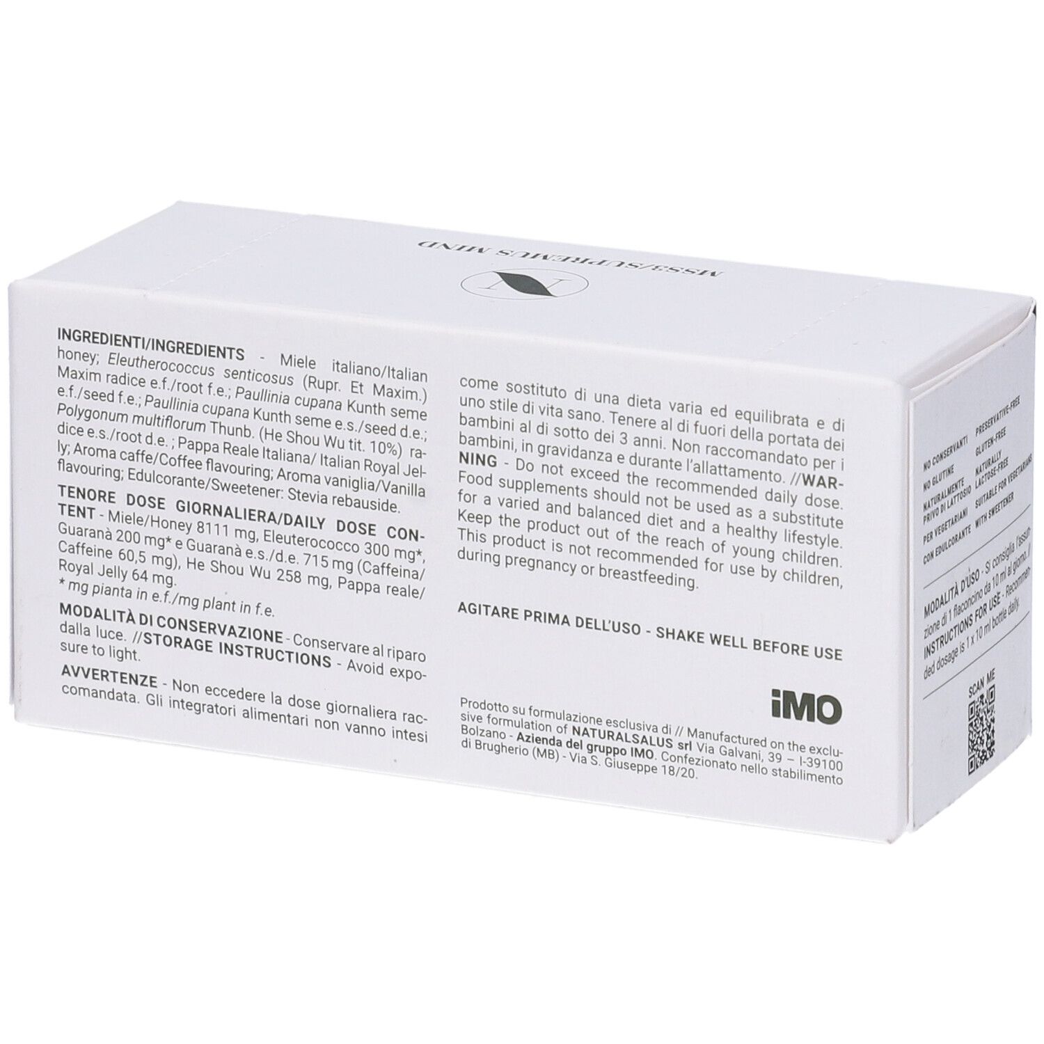 Scatola bianca MSS3/SUPREMUS MIND. Elenco ingredienti. Avvertenze. Certificazione IMO.
