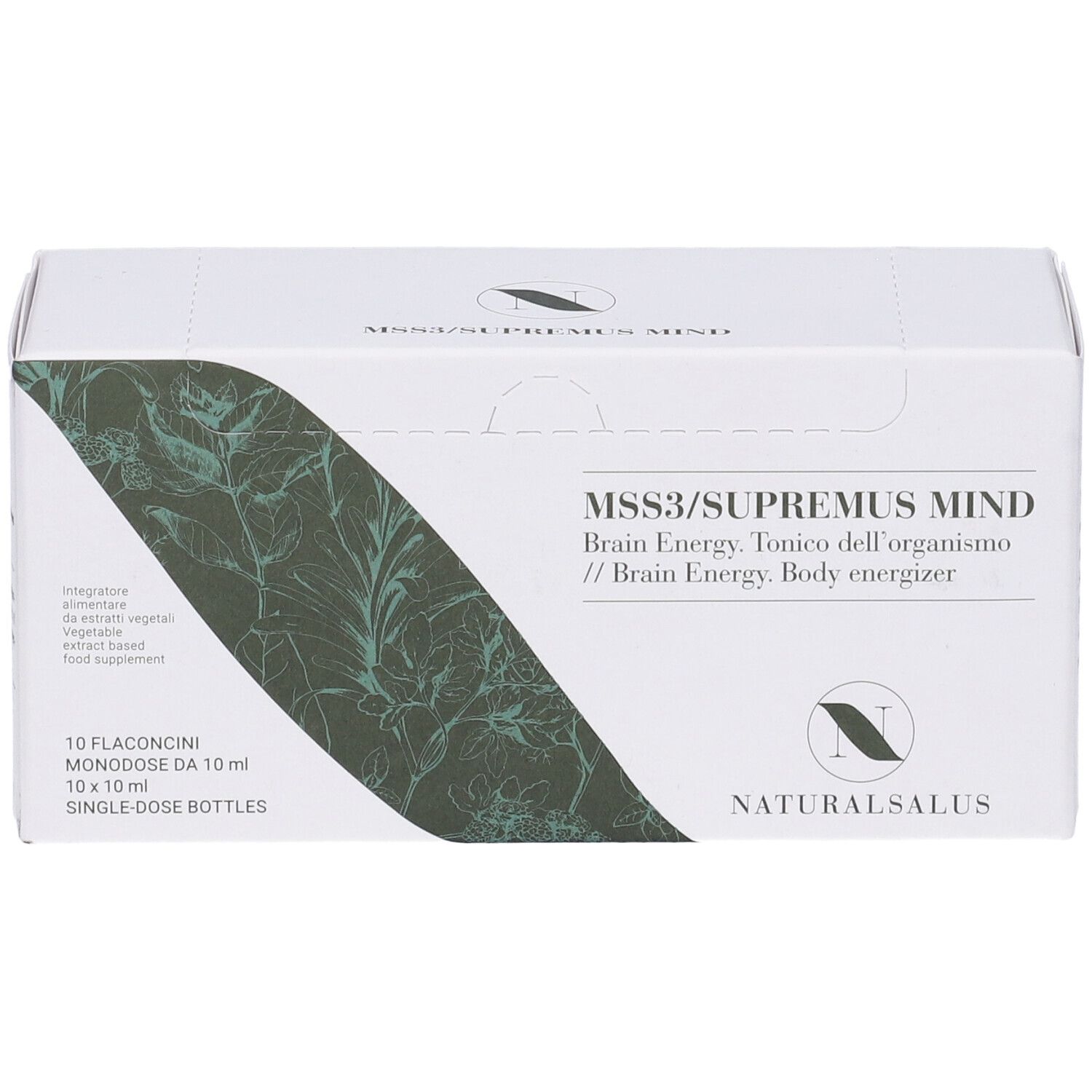 Scatola bianca MSS3/SUPREMUS MIND. Logo Naturalsalus. 10 flaconcini da 10 ml.