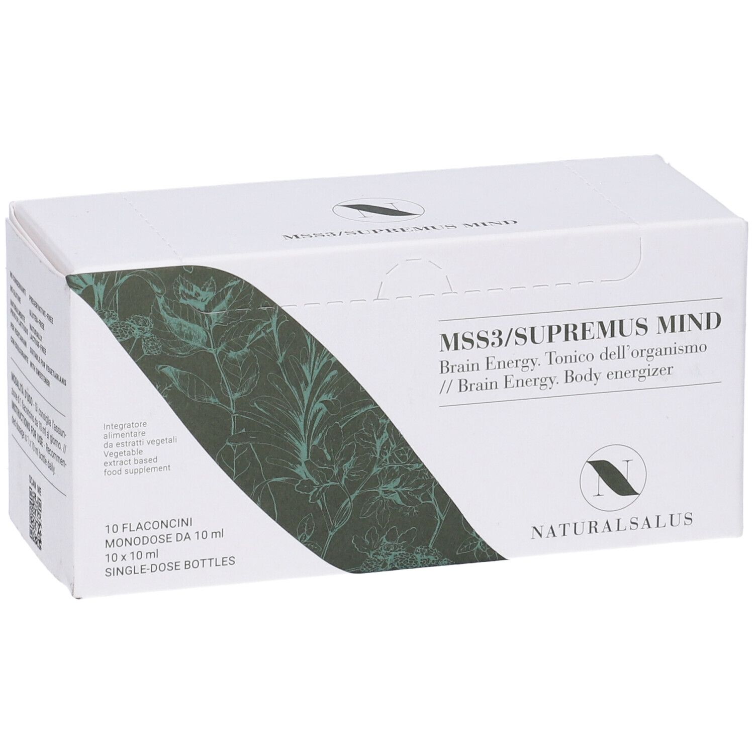 Scatola bianca MSS3/SUPREMUS MIND. Logo Naturalsalus. 10 flaconcini da 10 ml.