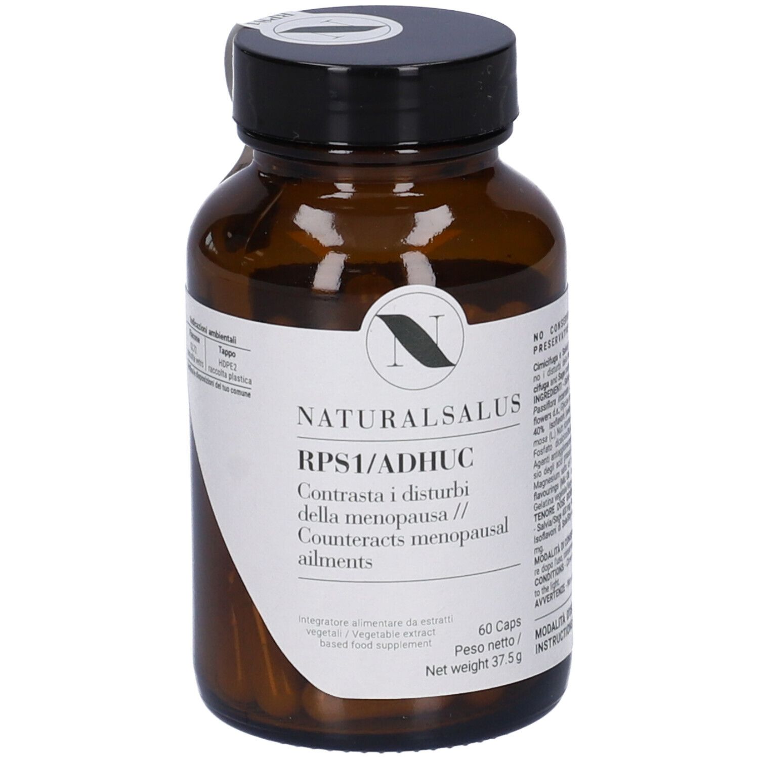 Flacone di vetro marrone con tappo nero. Etichetta con nome prodotto Naturalsalus RPS1/ADHUC e 60 capsule.