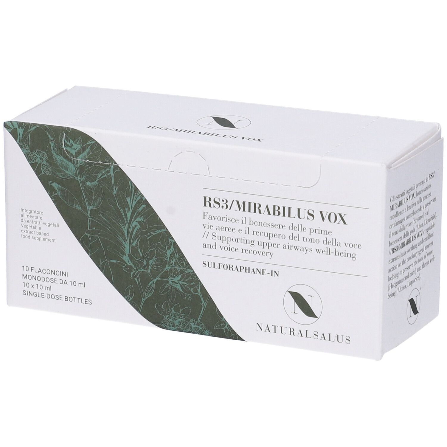 Scatola bianca con informazioni sul prodotto. Scritto: RS3/MIRABILUS VOX. Logo Naturalsalus. 10 flaconcini.
