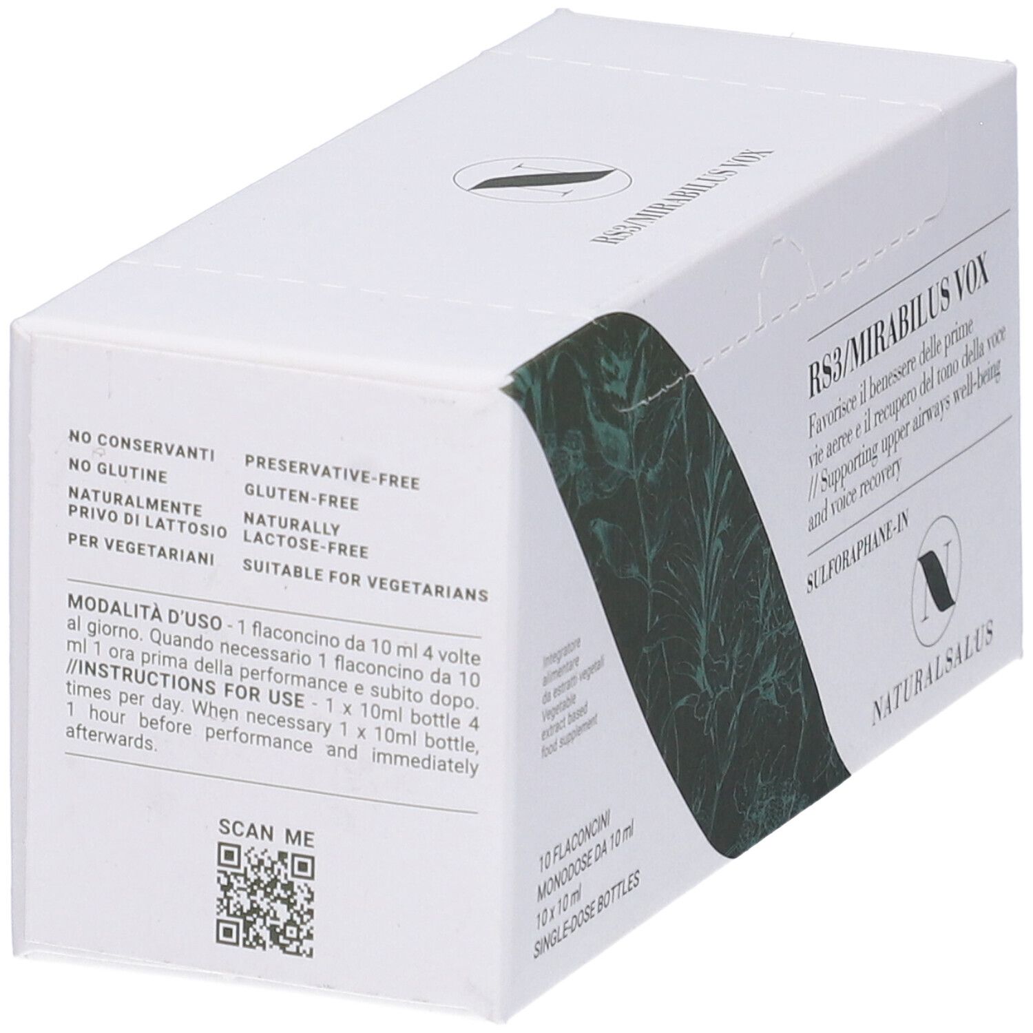 Scatola bianca, vista laterale. Testo: Senza conservanti, senza glutine, senza lattosio. Istruzioni e QR code.