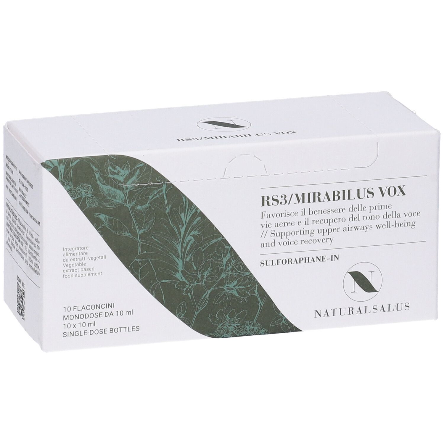 Scatola bianca con informazioni sul prodotto. Scritto: RS3/MIRABILUS VOX. Logo Naturalsalus. 10 flaconcini.
