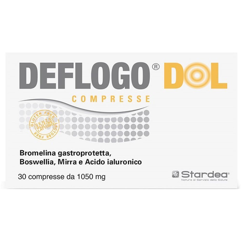 Confezione di Deflogo Dol Compresse. Contiene 30 compresse da 1050 mg. Sigillo senza glutine.