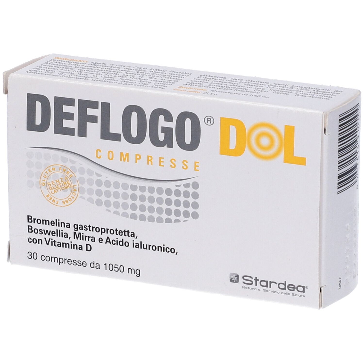 Confezione Deflogo Dol Compresse, angolata. Contiene 30 compresse. Ingredienti: Bromelina, Boswellia, Mirra, Acido Ialuronico, Vitamina D.