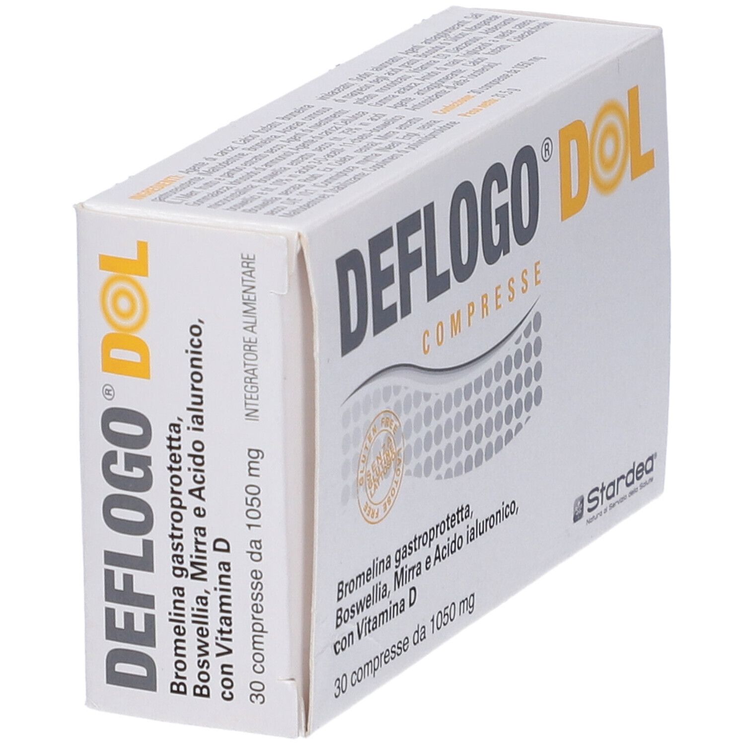 Confezione Deflogo Dol Compresse, angolata. Contiene 30 compresse. Ingredienti: Bromelina, Boswellia, Mirra, Acido Ialuronico, Vitamina D.