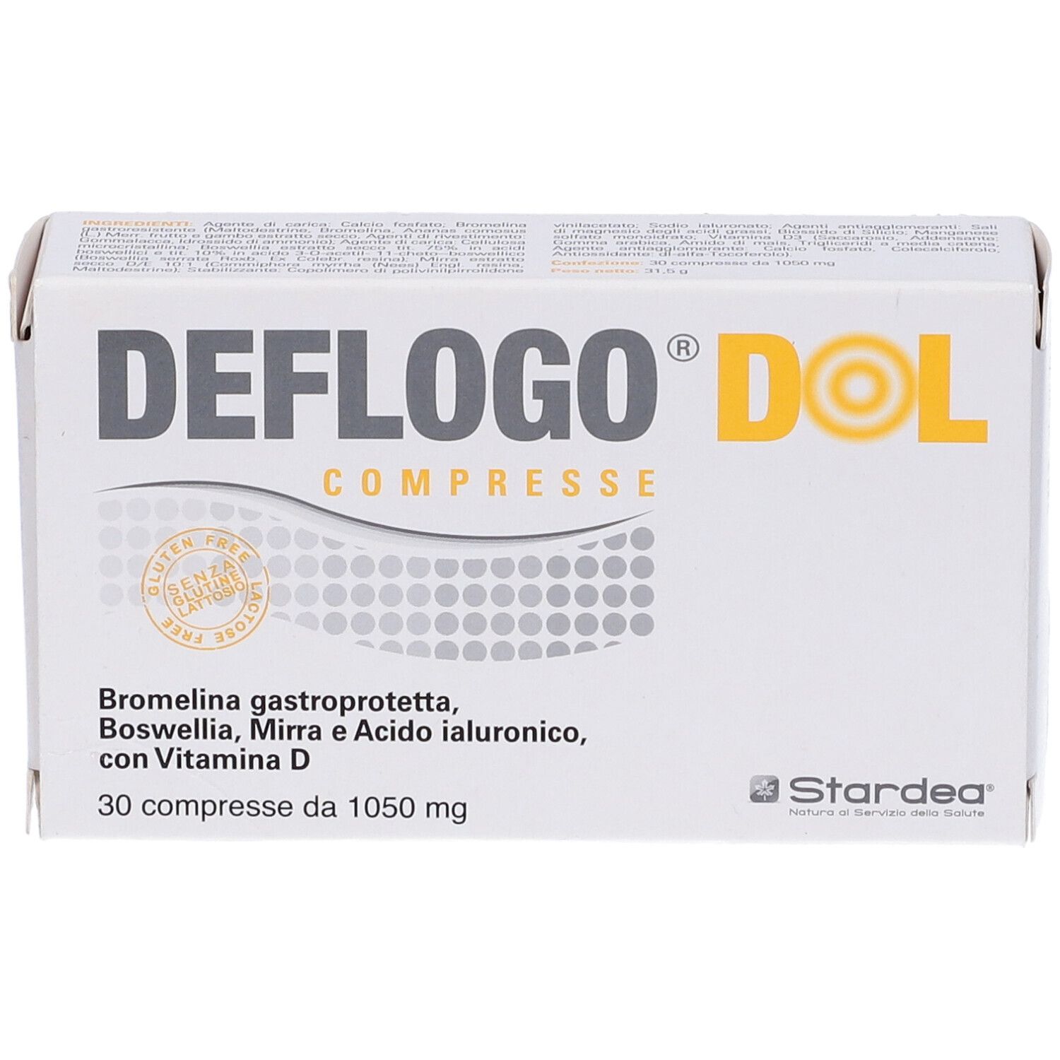 Confezione Deflogo Dol Compresse. Contiene 30 compresse. Ingredienti: Bromelina, Boswellia, Mirra, Acido Ialuronico, Vitamina D.