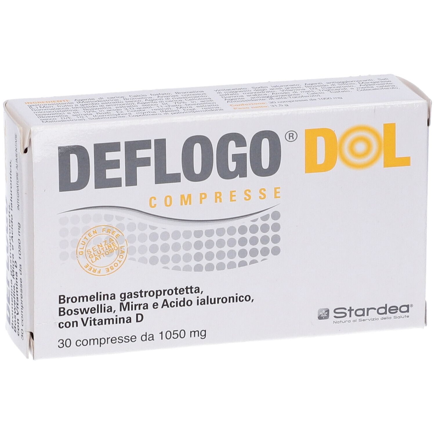 Confezione Deflogo Dol Compresse. Contiene 30 compresse. Ingredienti: Bromelina, Boswellia, Mirra, Acido Ialuronico, Vitamina D.