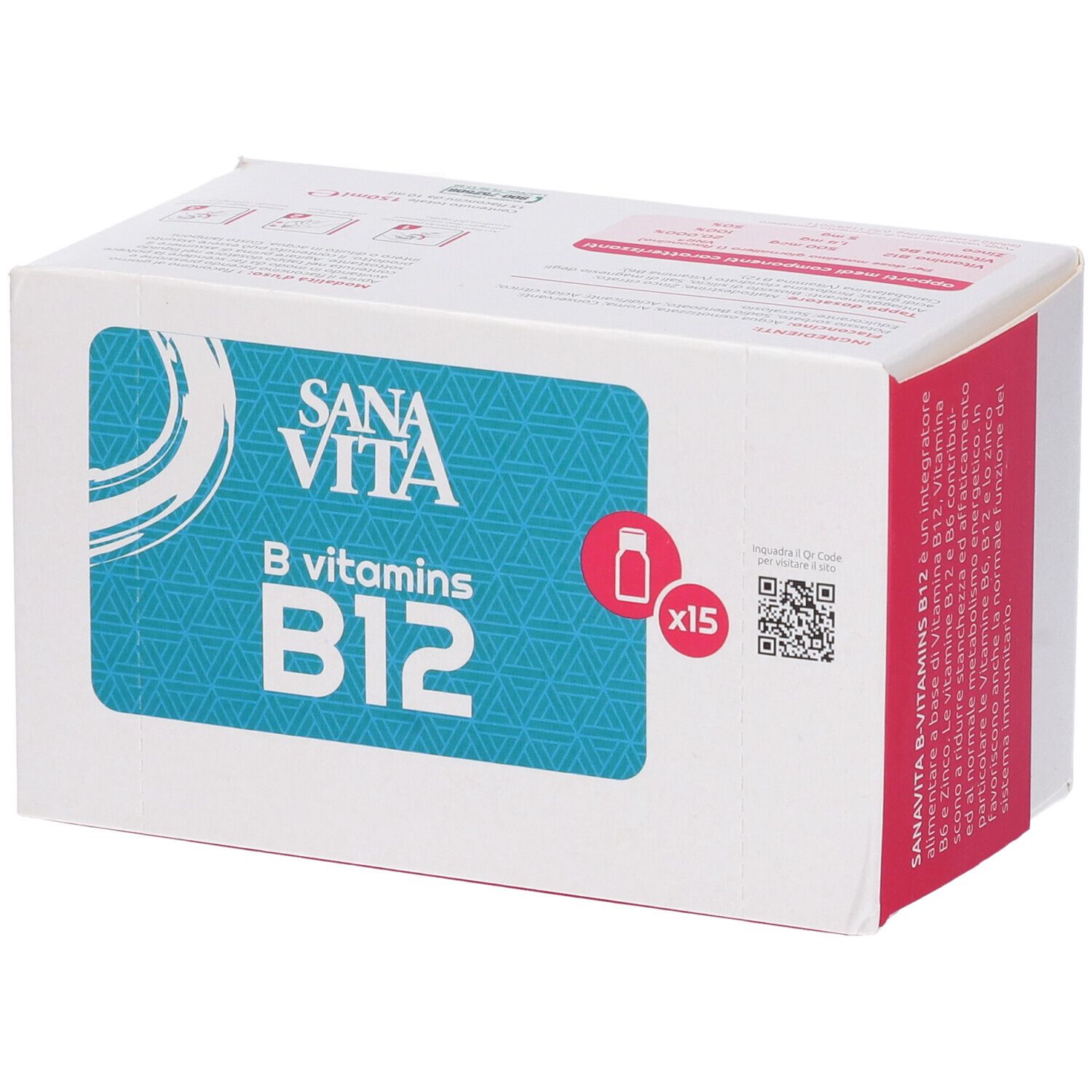 Scatola di Sanavita B-vitamine B12. Scatola bianca con riquadro blu e testo. Contiene 15 flaconcini.