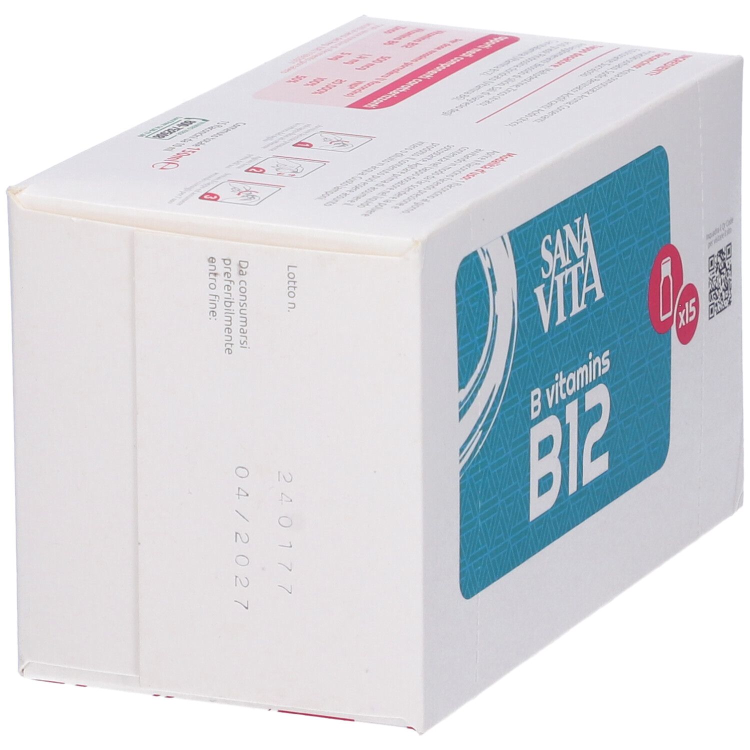 Confezione Sanavita B-vitamine B12. Scatola bianca con riquadro blu e testo. Contiene 15 flaconcini. Vista laterale.