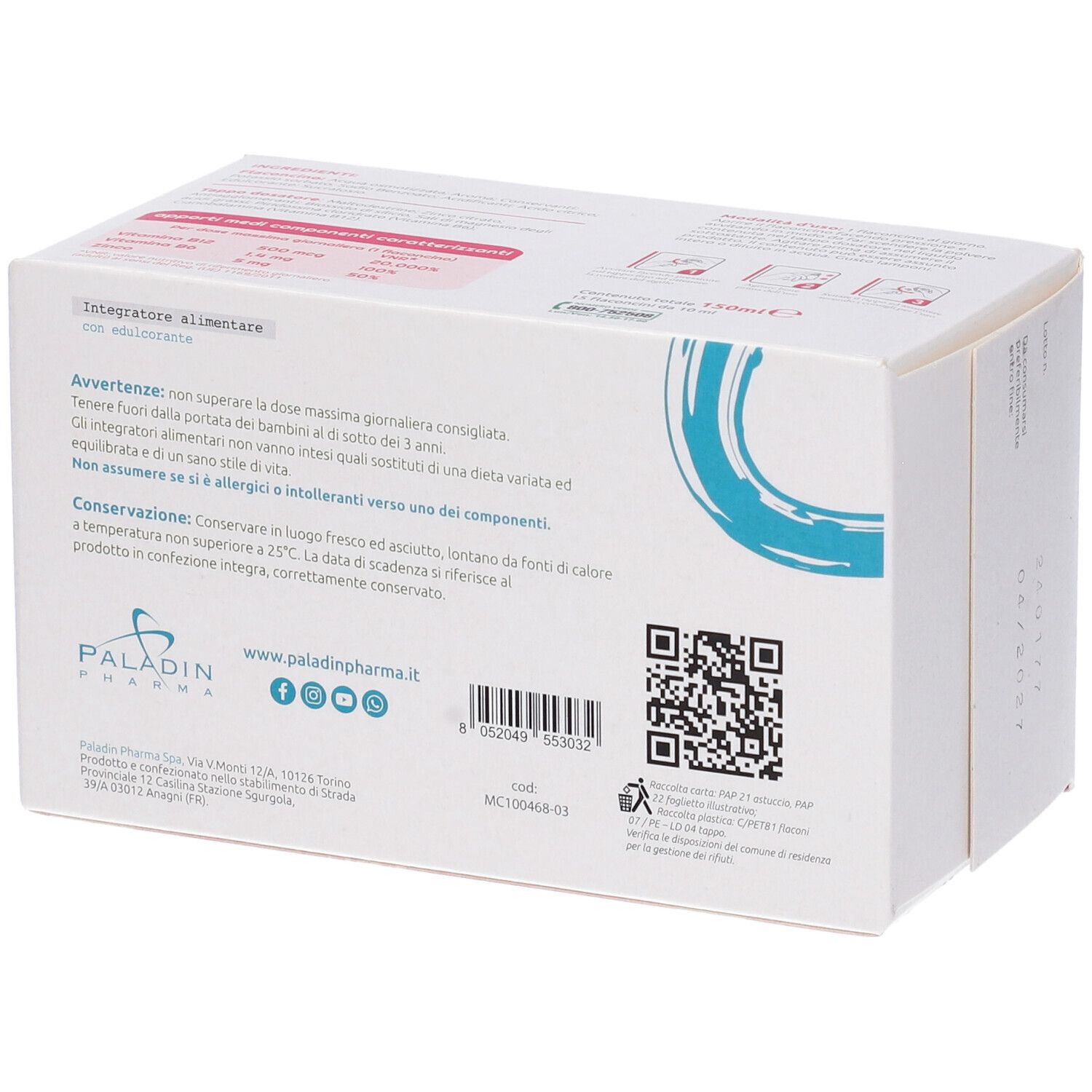 Retro della confezione Sanavita B-vitamine B12. Scatola bianca con testo e codice QR. Logo Paladin Pharma.