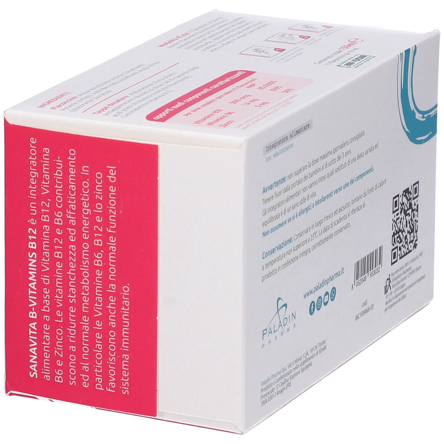 Confezione Sanavita B-vitamine B12. Scatola bianca con testo e codice QR. Contiene 15 flaconcini. Vista laterale.