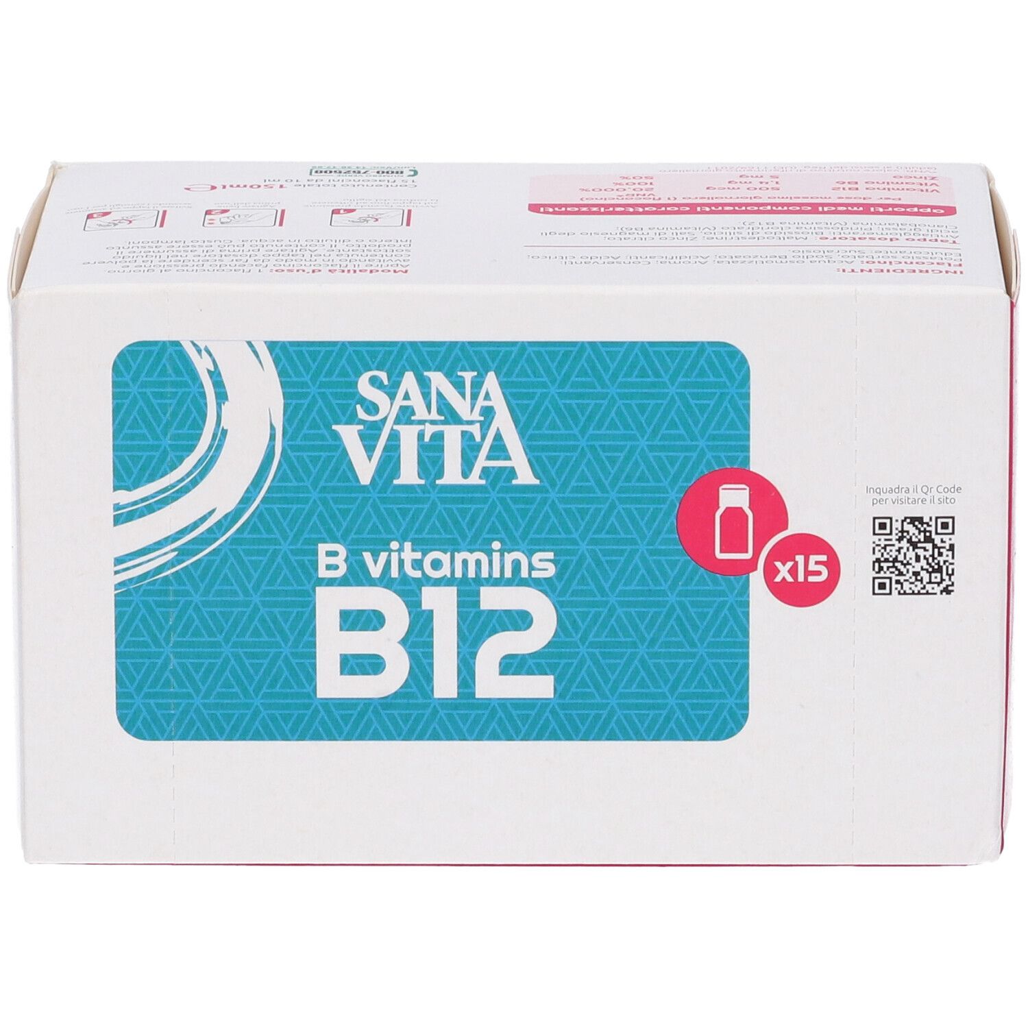 Confezione Sanavita B-vitamine B12. Scatola bianca con riquadro blu e testo. Contiene 15 flaconcini. Vista frontale.