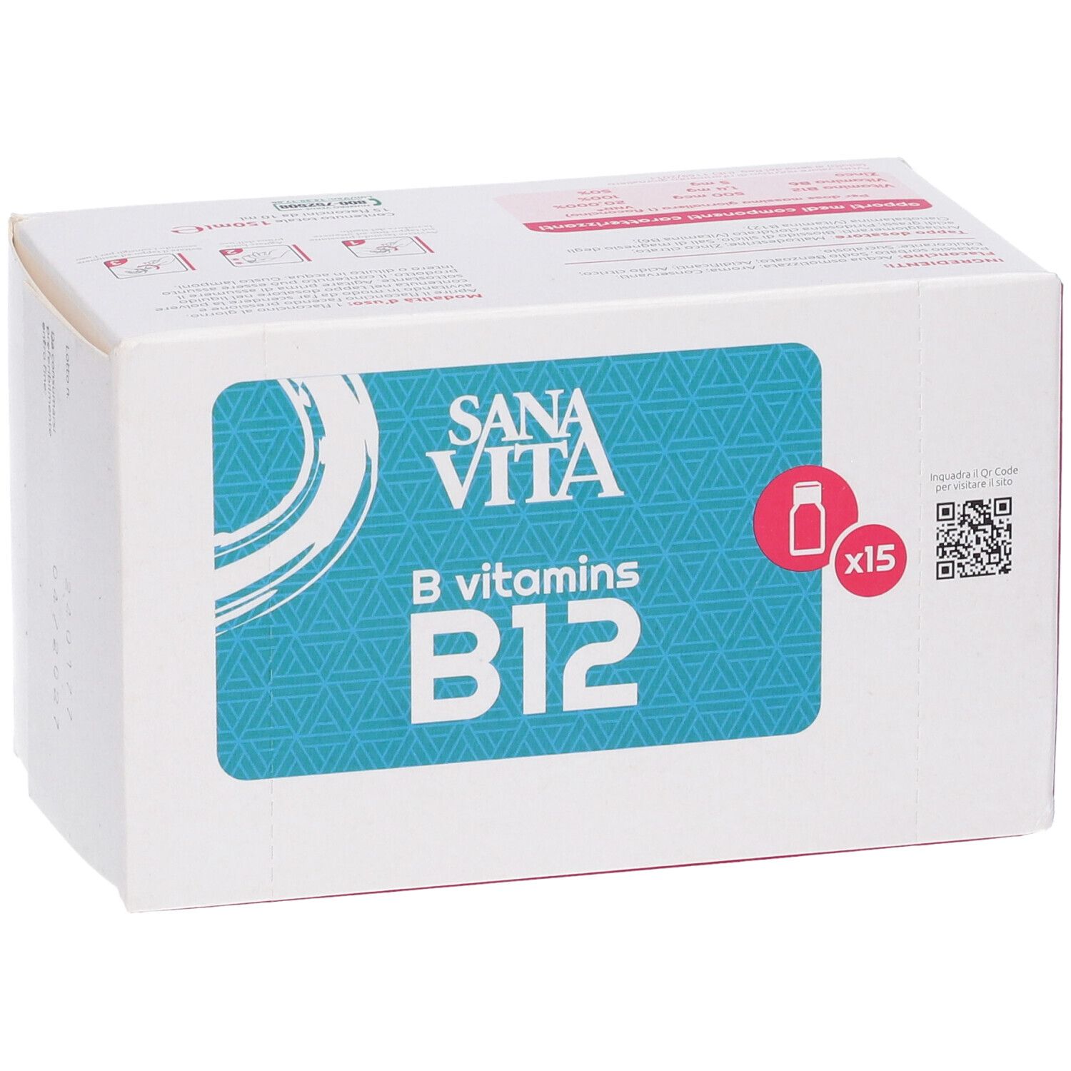 Confezione Sanavita B-vitamine B12. Scatola bianca con riquadro blu e testo. Contiene 15 flaconcini. Vista frontale.