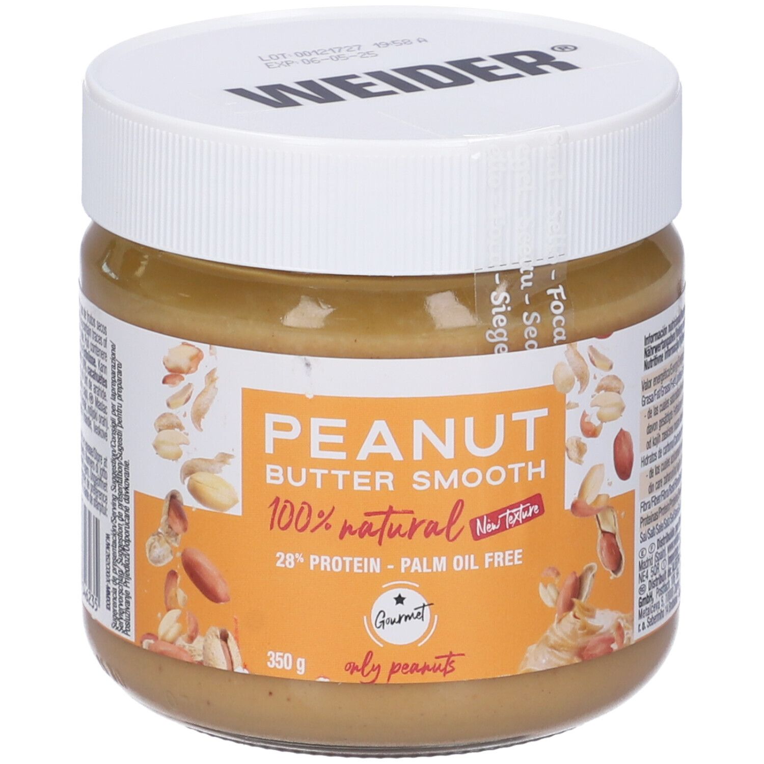Vasetto di burro di arachidi. Scritta: Peanut Butter Smooth, 100% Natural, 28% Protein, senza olio di palma. Marchio: Weider.
