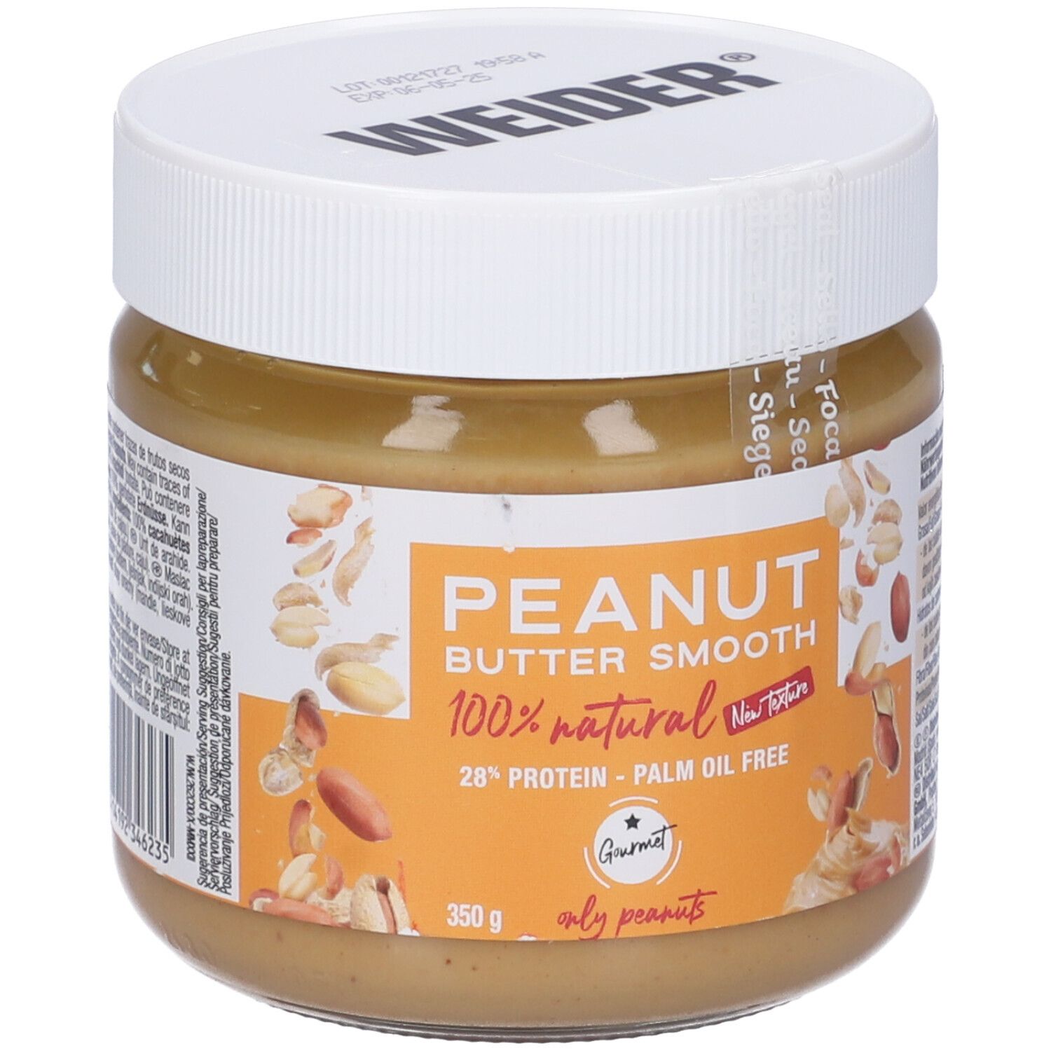 Vasetto di burro di arachidi. Scritta: Peanut Butter Smooth, 100% Natural, 28% Protein, senza olio di palma. Marchio: Weider.