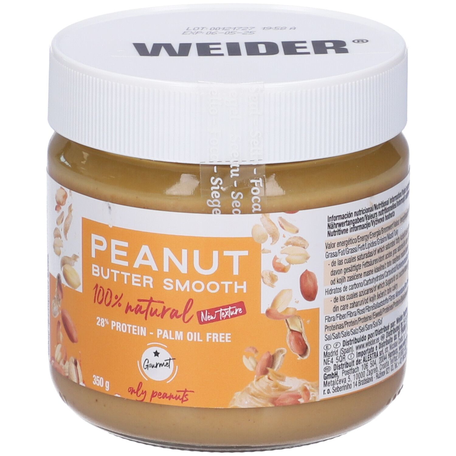 Vasetto di burro di arachidi. Scritta: Peanut Butter Smooth, 100% Natural, 28% Protein, senza olio di palma. Marchio: Weider.