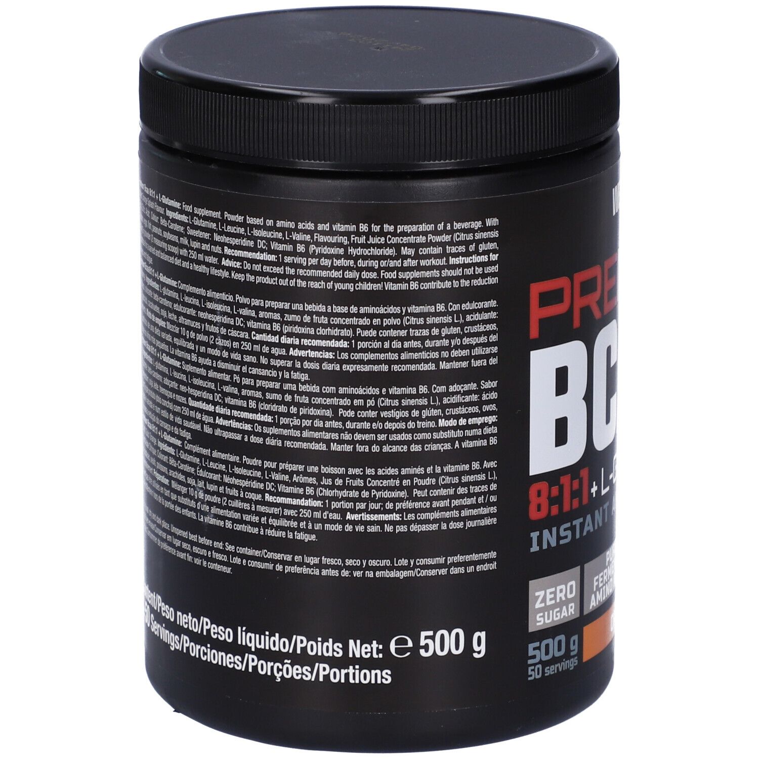Barattolo nero con testo. "PREMIUM BCAA 8:1:1 + L-Glutamine Instant Amino Drink". 500g, 50 porzioni. Arancia. Con vitamina B6.
