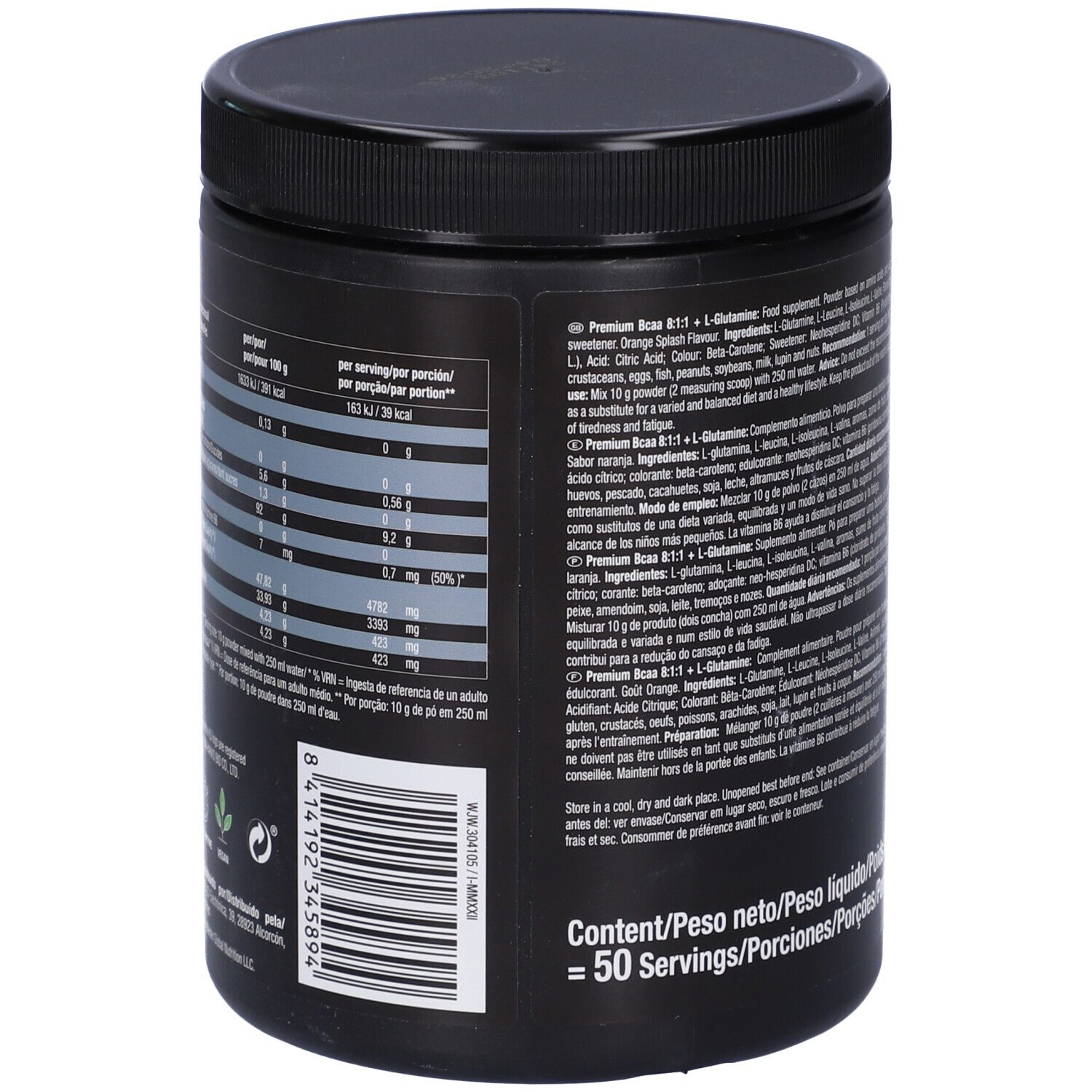 Barattolo nero, retro con testo e informazioni nutrizionali. "PREMIUM BCAA 8:1:1 + L-Glutamine". 50 porzioni. Contiene ingredienti come L-Leucina, L-Glutammina.