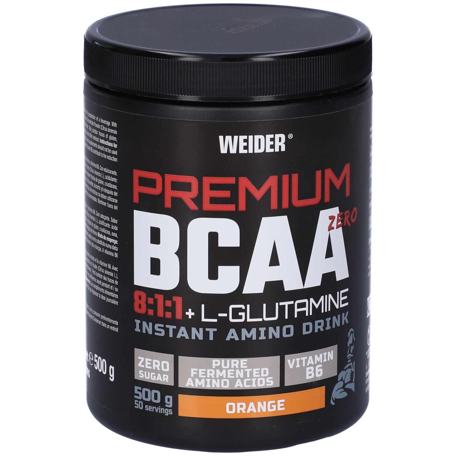 Barattolo nero con "WEIDER" e "PREMIUM BCAA ZERO 8:1:1 + L-Glutamine Instant Amino Drink". 500g, 50 porzioni. Arancia. Con vitamina B6.