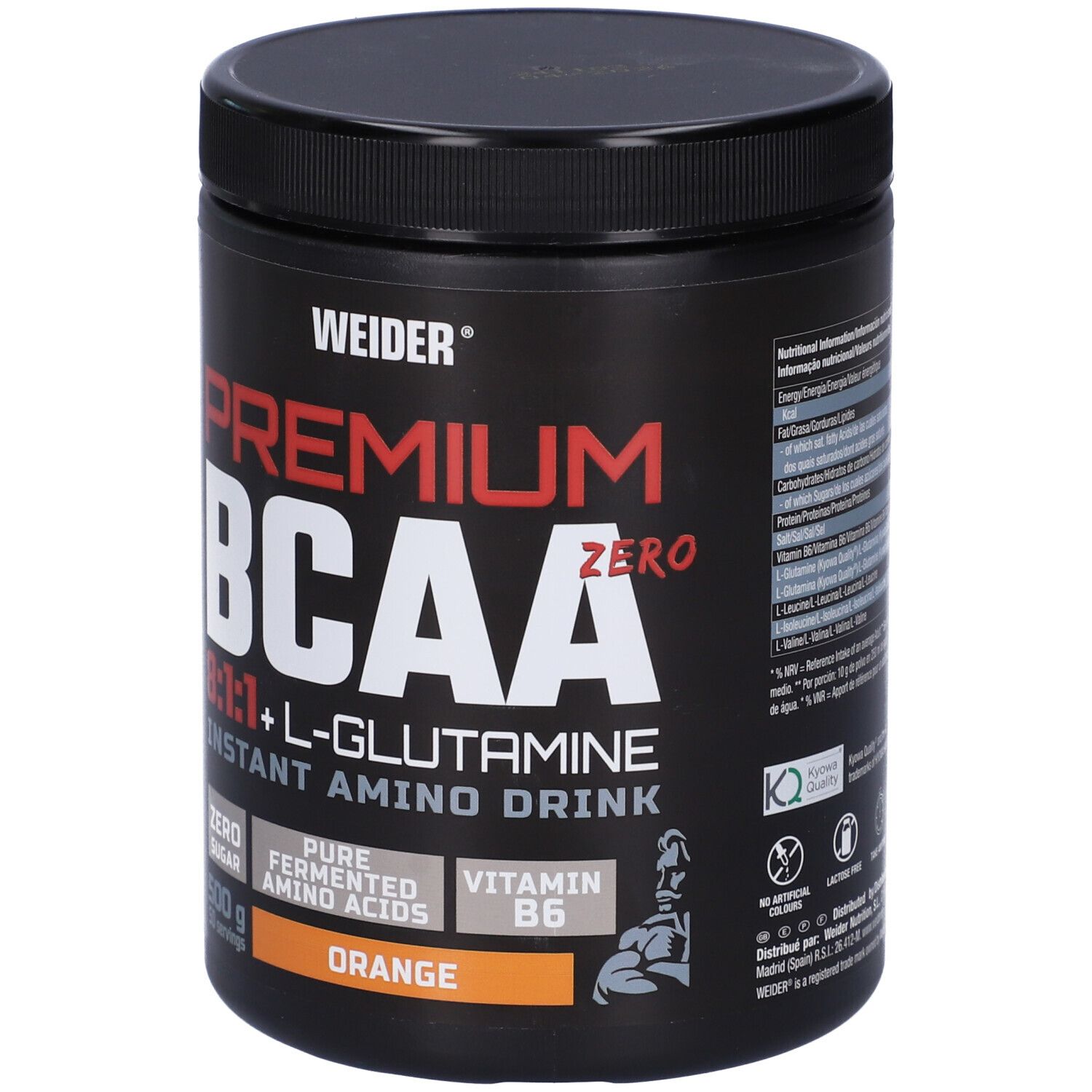 Barattolo nero con "WEIDER" e "PREMIUM BCAA ZERO 8:1:1 + L-Glutamine Instant Amino Drink". 500g. Arancia. Con vitamina B6.