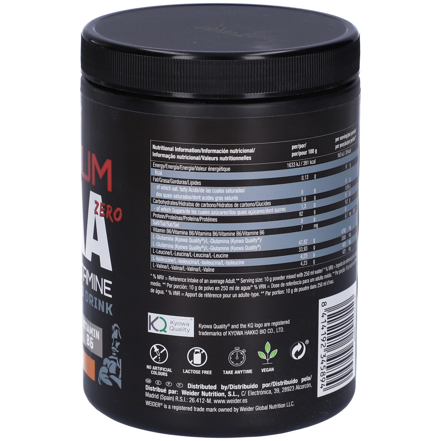 Barattolo nero, retro con informazioni nutrizionali e certificazioni. "PREMIUM BCAA ZERO 8:1:1 + L-Glutamine Instant Amino Drink".