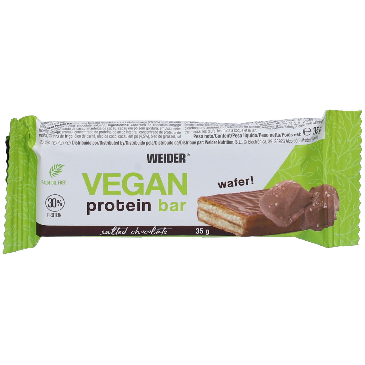 Barretta proteica vegana Weider, cioccolato salato, 35g. Confezione verde con immagine del prodotto e logo senza olio di palma.