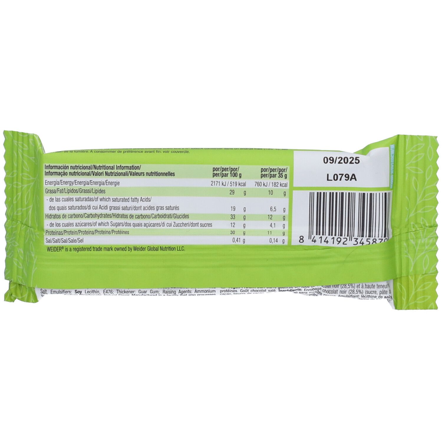 Retro della confezione della barretta proteica vegana Weider. Contiene informazioni nutrizionali, elenco ingredienti e data di scadenza.