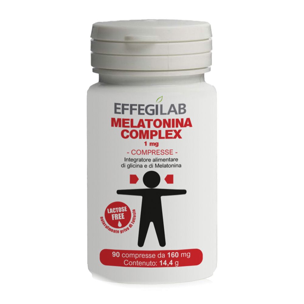 Flacone di compresse bianco con testo rosso e nero. Contiene 90 compresse. Scritta: MELATONINA COMPLEX, 1 mg.