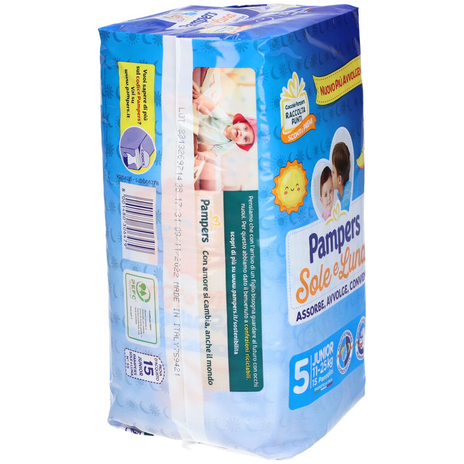 Vista laterale della confezione di pannolini Pampers Sole e Luna Junior 5. Contiene 15 pannolini. Taglia 5 per 11-25 kg. Sfondo blu con logo.