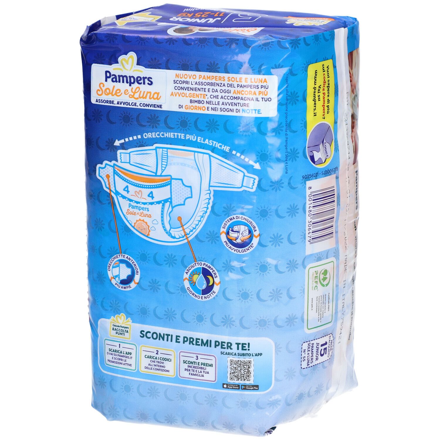 Retro della confezione di pannolini Pampers Sole e Luna Junior 5. Contiene 15 pannolini. Taglia 5 per 11-25 kg. Sfondo blu con logo.