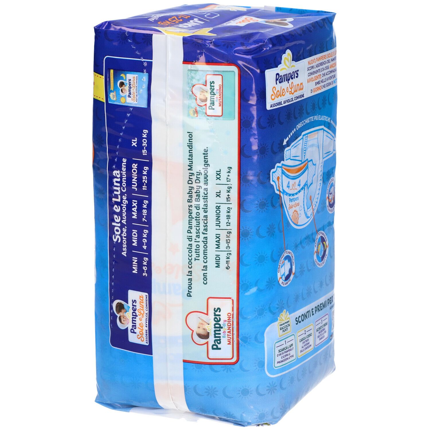 Vista laterale della confezione di pannolini Pampers Sole e Luna Junior 5. Contiene 15 pannolini. Taglie indicate. Sfondo blu con logo.