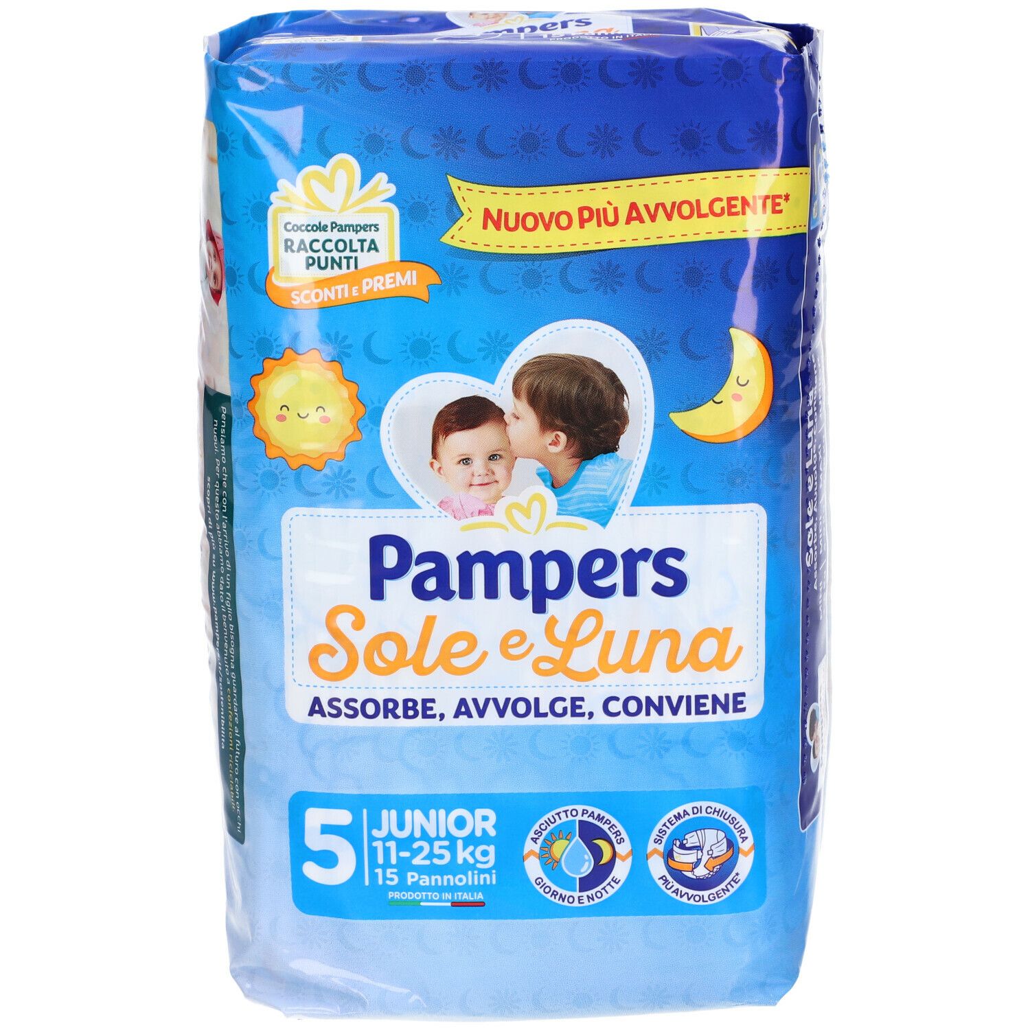 Confezione di pannolini Pampers Sole e Luna Junior 5. Contiene 15 pannolini. Taglia 5 per 11-25 kg. Sfondo blu con logo del prodotto.