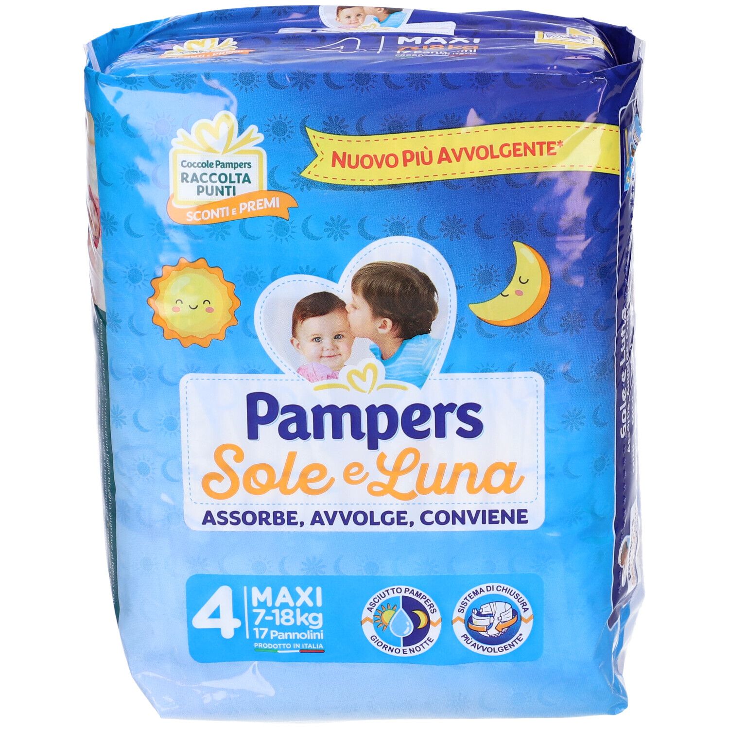 Pampers Sole e Luna Maxi 4 Windelpackung. Enthält 17 Windeln. Verpackung mit Sonnen- und Mond-Illustrationen.