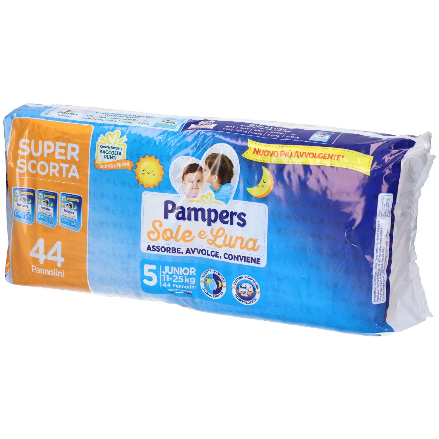 Confezione di pannolini Pampers Sole e Luna Junior 5, 44 pezzi, 11-25 kg. Confezione blu con illustrazioni di bambini e informazioni.