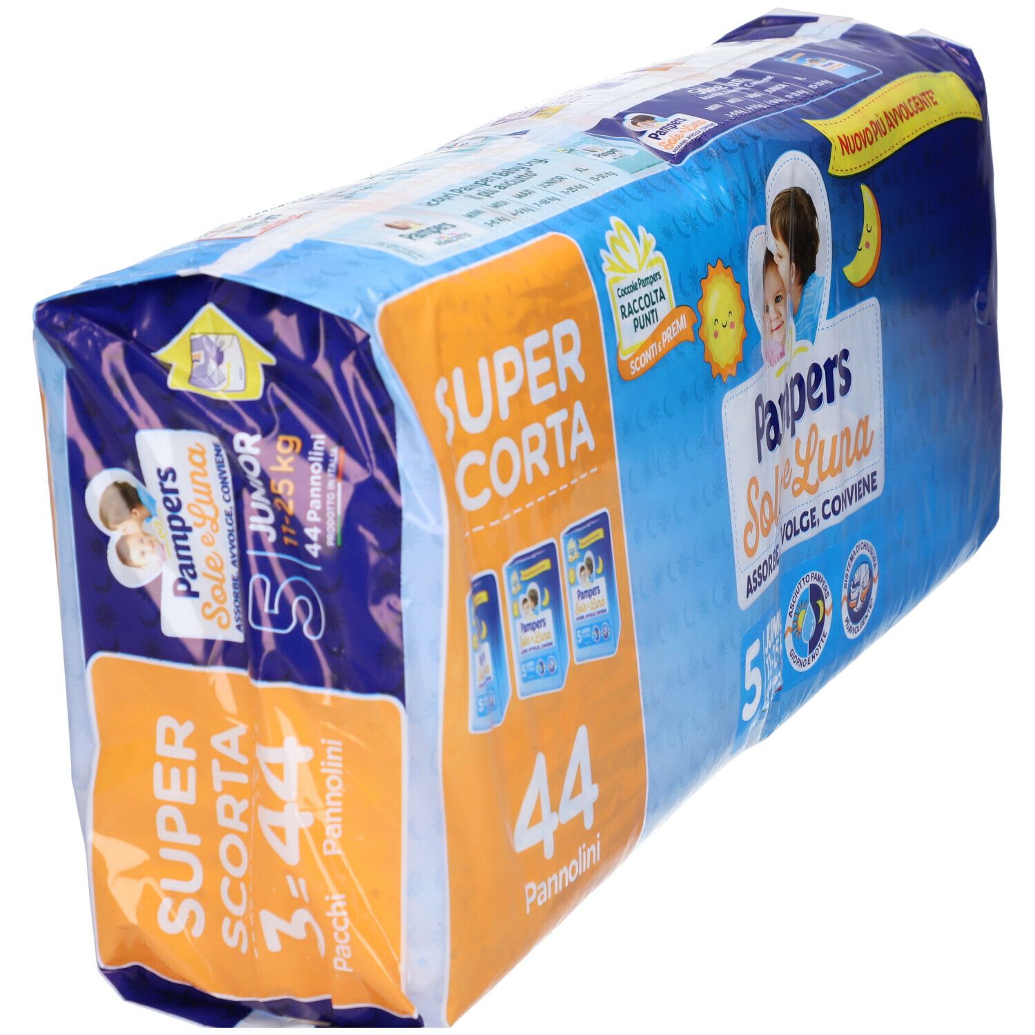 Confezione di pannolini Pampers Sole e Luna Junior 5, 44 pezzi, 11-25 kg. Confezione blu, vista obliqua. Nome del prodotto e illustrazioni di bambini visibili.