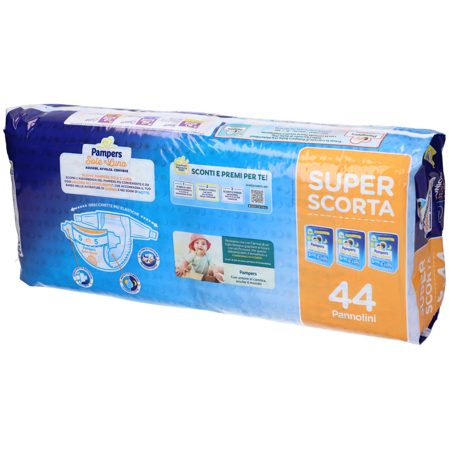 Confezione di pannolini Pampers Sole e Luna Junior 5, 44 pezzi, 11-25 kg. Confezione blu, retro. Informazioni sul prodotto e illustrazioni di bambini.