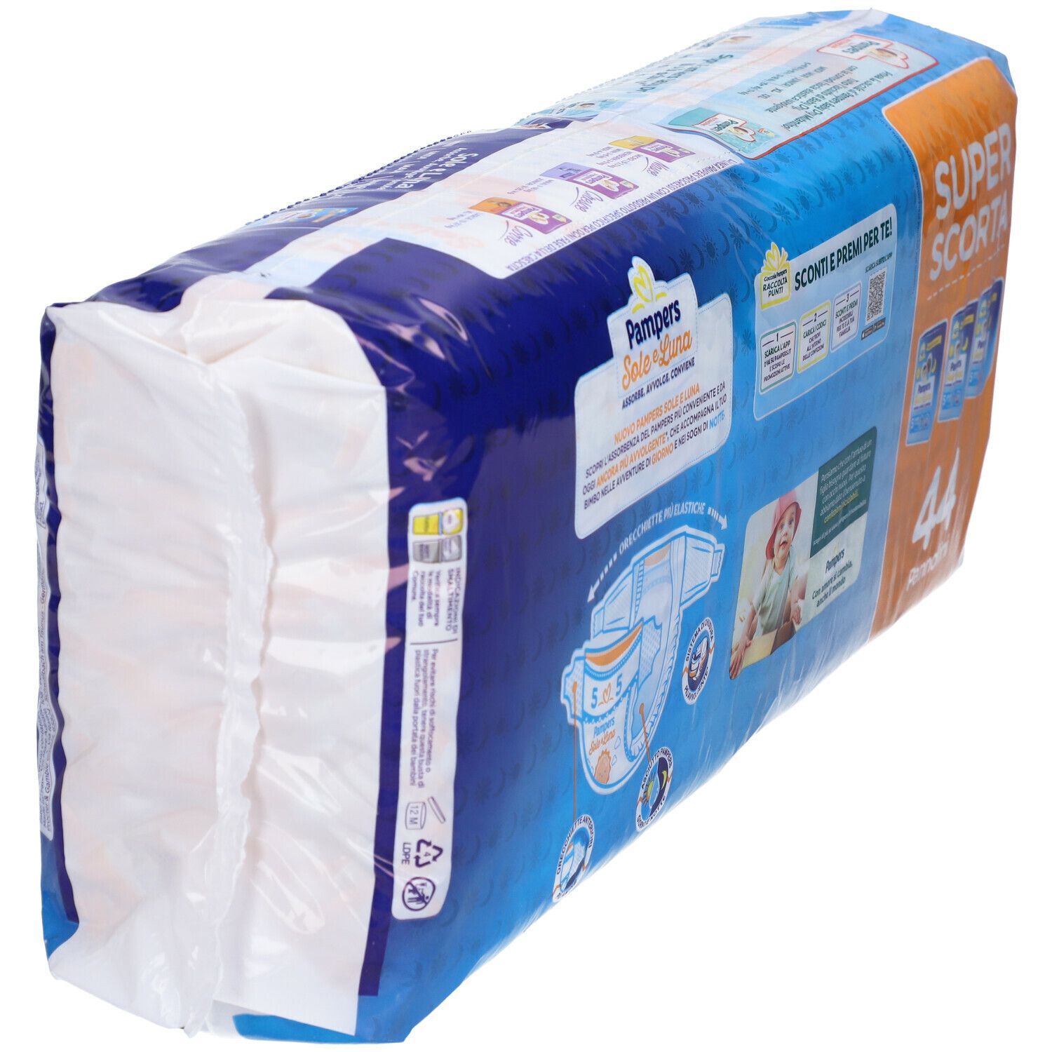 Confezione di pannolini Pampers Sole e Luna Junior 5, 44 pezzi, 11-25 kg. Confezione blu, vista obliqua. Nome del prodotto e illustrazioni di bambini visibili.
