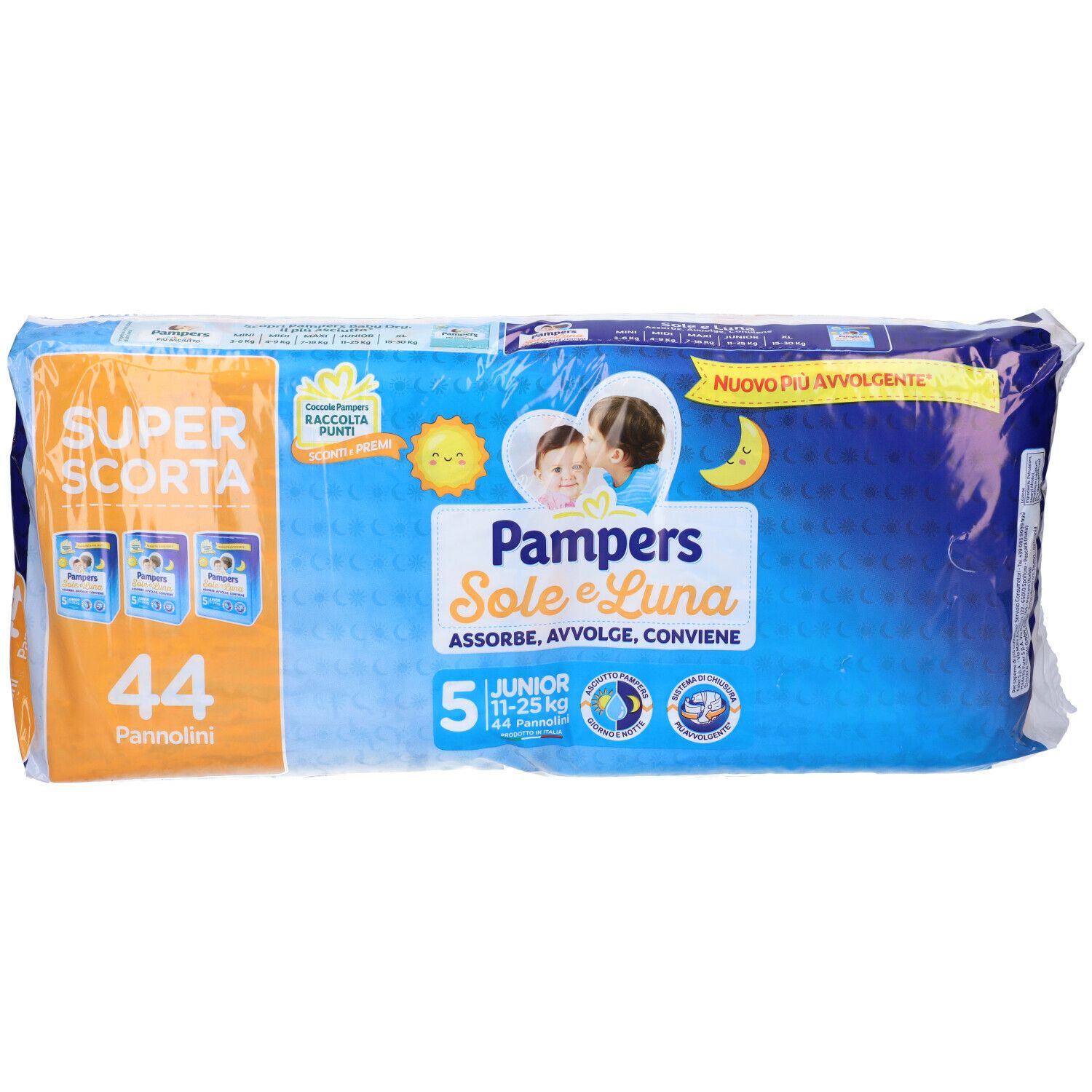 Confezione di pannolini Pampers Sole e Luna Junior 5, 44 pezzi, 11-25 kg. Confezione blu con illustrazioni di bambini e informazioni.
