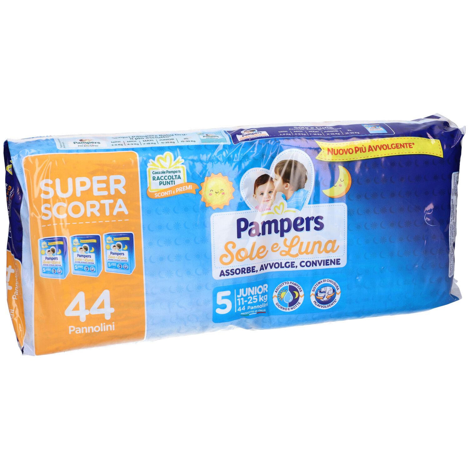 Confezione di pannolini Pampers Sole e Luna Junior 5, 44 pezzi, 11-25 kg. Confezione blu con illustrazioni di bambini e informazioni.