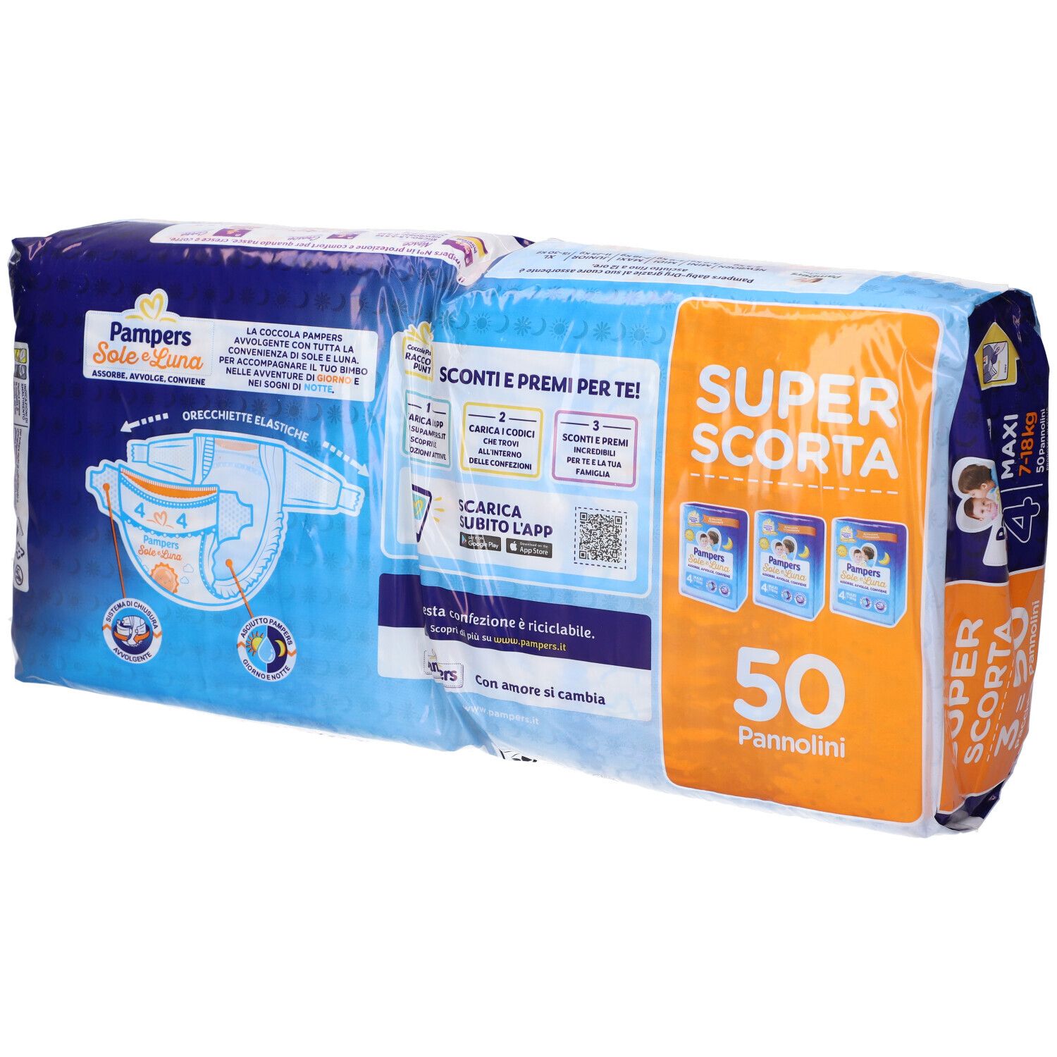 Pampers Sole e Luna Maxi 4 Windeln, 7-18kg, Packung mit 50 Stück. Verpackung mit Baby-Illustrationen und Produktnamen.